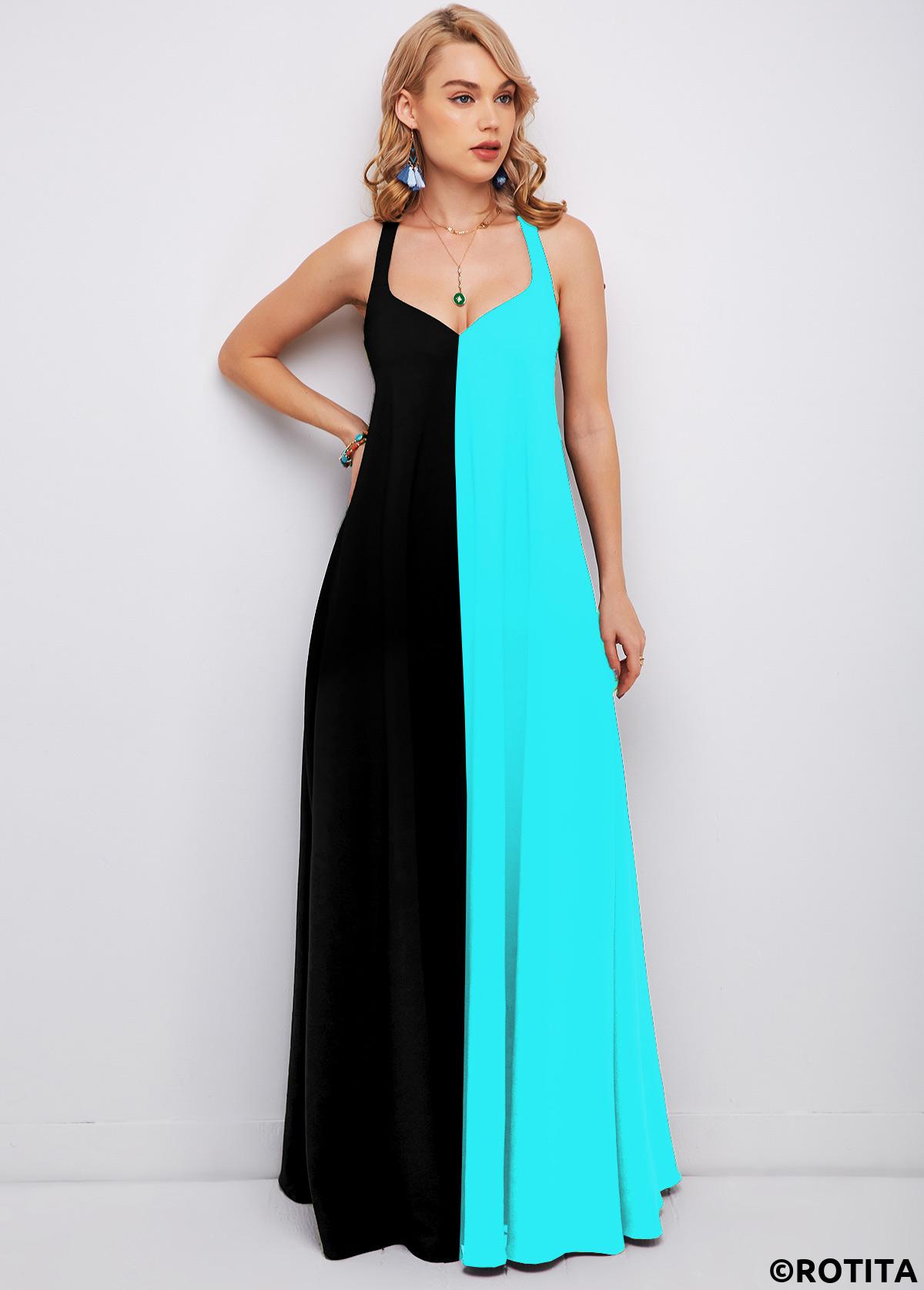 Contrast Color dresses,Vacation dresses,Vacation dresses,ROTITA Maxi Color Block Spaghetti Strap Dress