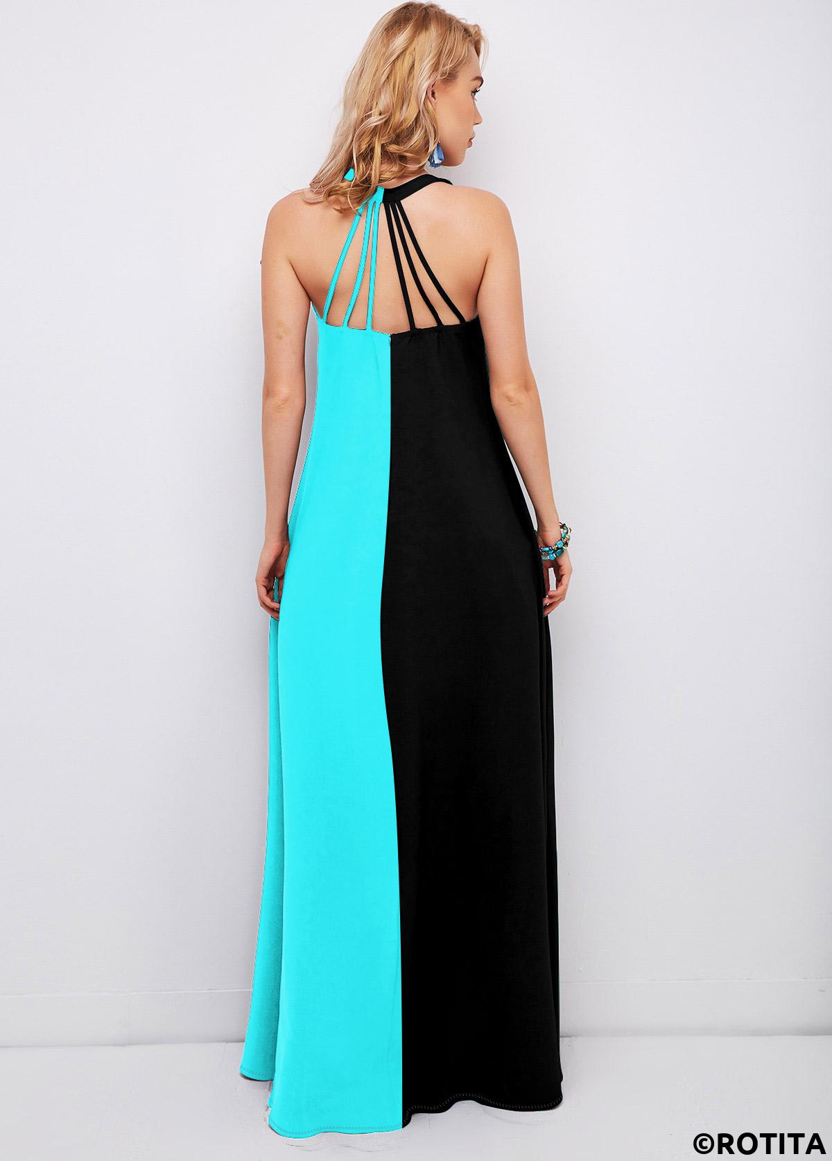 Contrast Color dresses,Vacation dresses,Vacation dresses,ROTITA Maxi Color Block Spaghetti Strap Dress