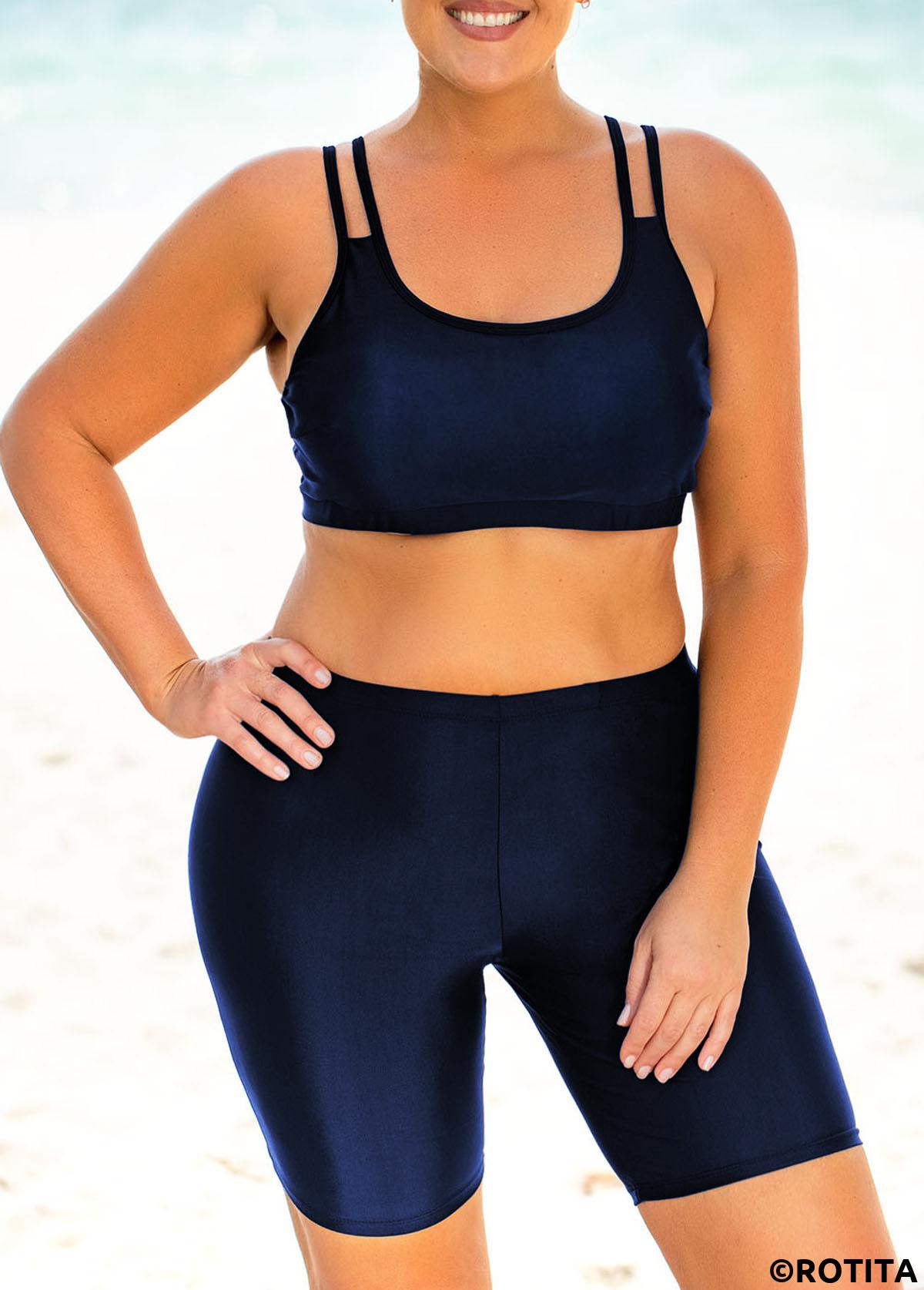 Plain Color plus size,ROTITA High Waisted Plus Size Spaghetti Strap Bikini Set