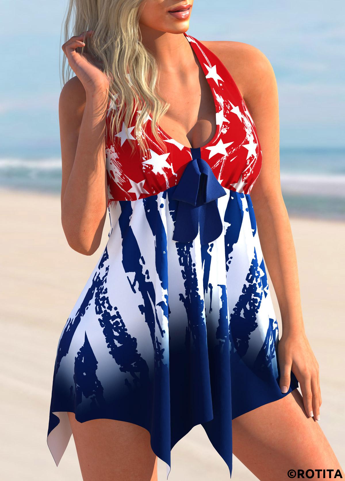 Flag swimwear,ROTITA Hanky Hem American Flag Print Swimdress and Panty
