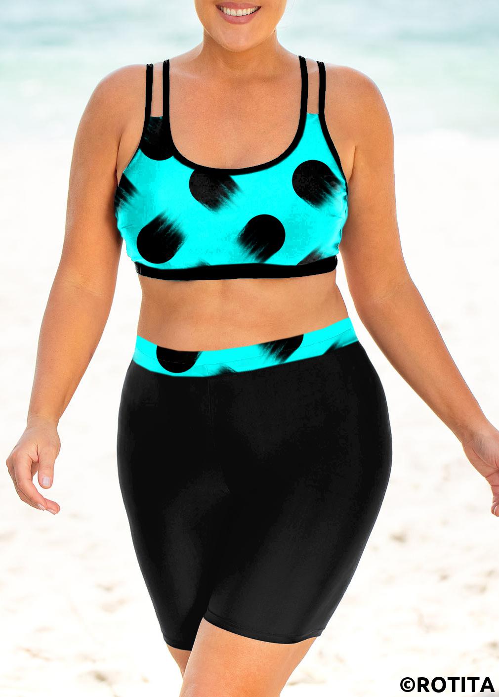 Cyan plus size,Dot plus size,ROTITA Polka Dot Plus Size High Waisted Bikini Set