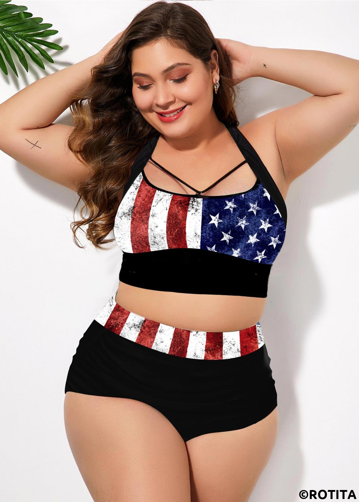 Flag plus size,ROTITA American Flag Print Plus Size Cross Strap Bikini Set 