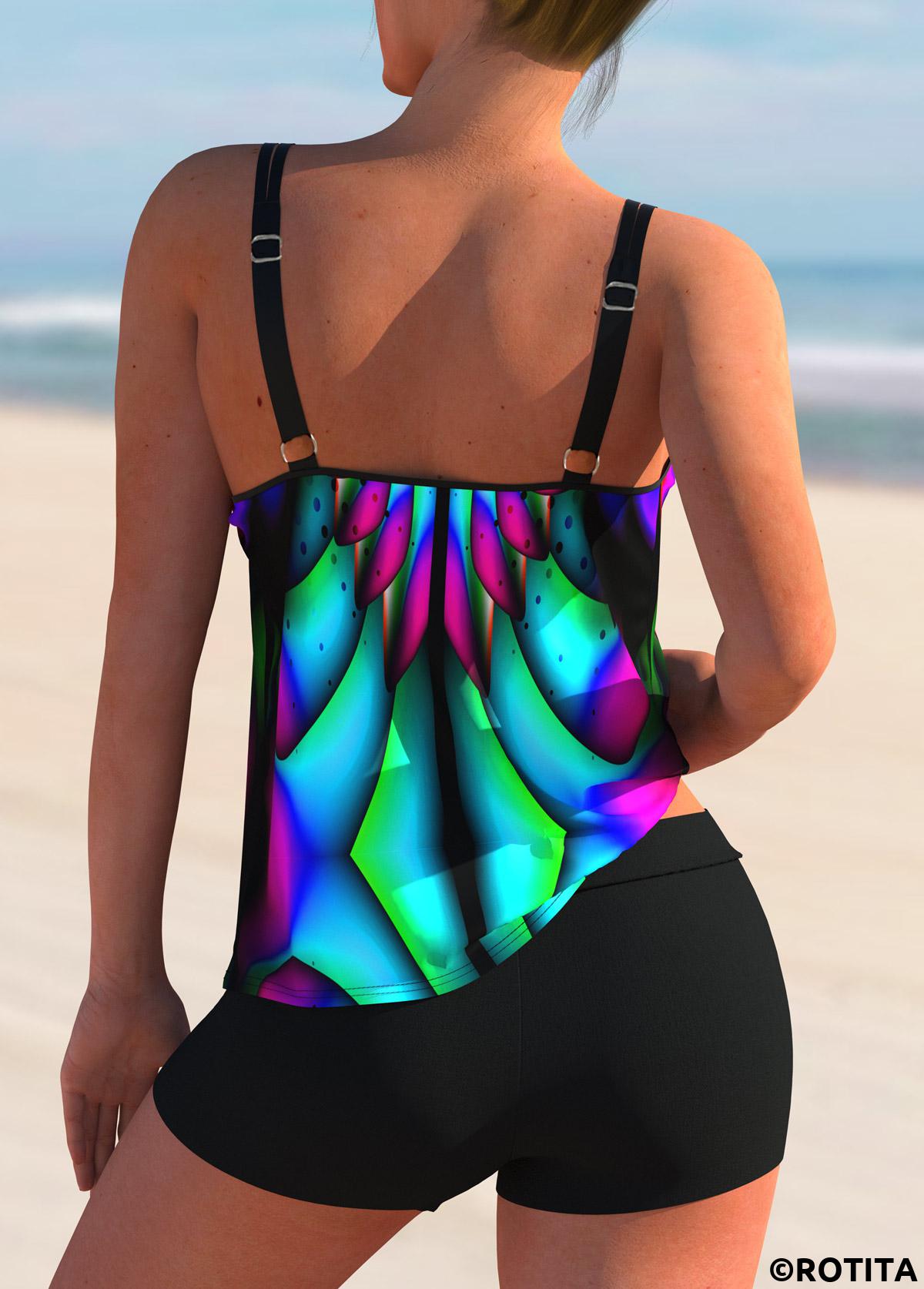 Cyan swimwear,Dazzle Colorful swimwear,ROTITA Spaghetti Strap Colorful Printed Tankini Set 