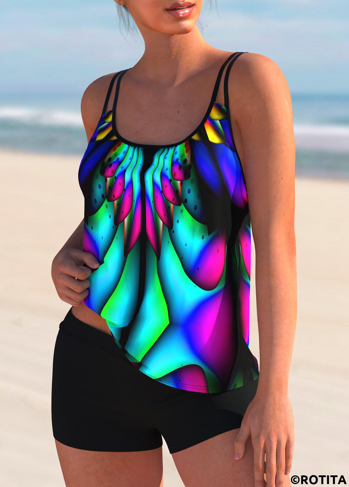Cyan swimwear,Dazzle Colorful swimwear,ROTITA Spaghetti Strap Colorful Printed Tankini Set 