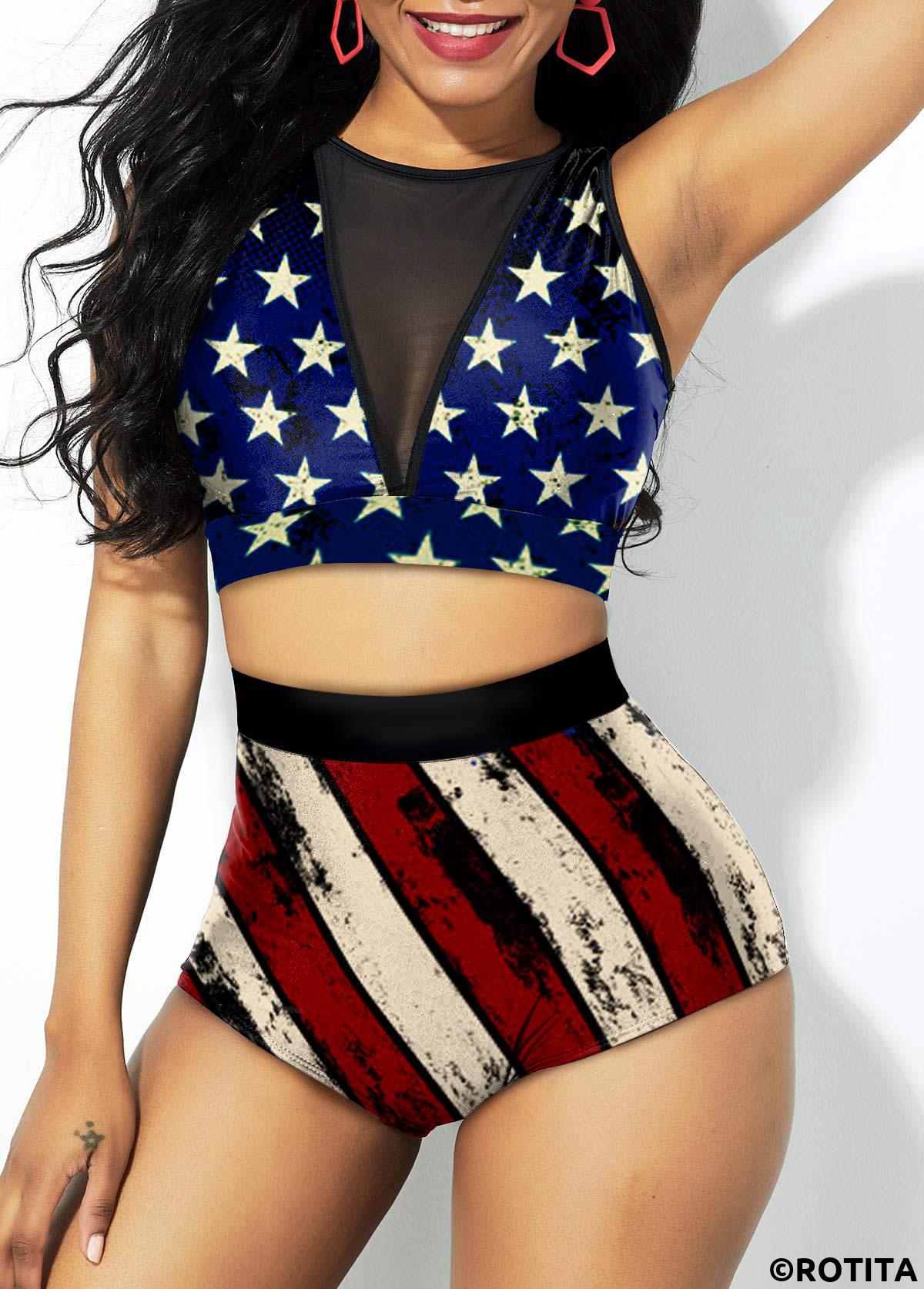 Flag swimwear,ROTITA Mesh Stitching American Flag Print High Waist Bikini Set 