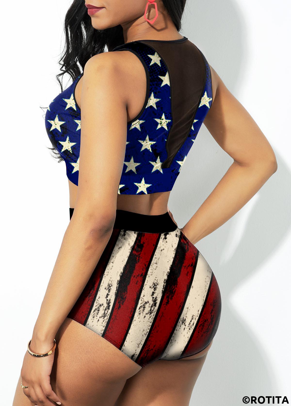 Flag swimwear,ROTITA Mesh Stitching American Flag Print High Waist Bikini Set 
