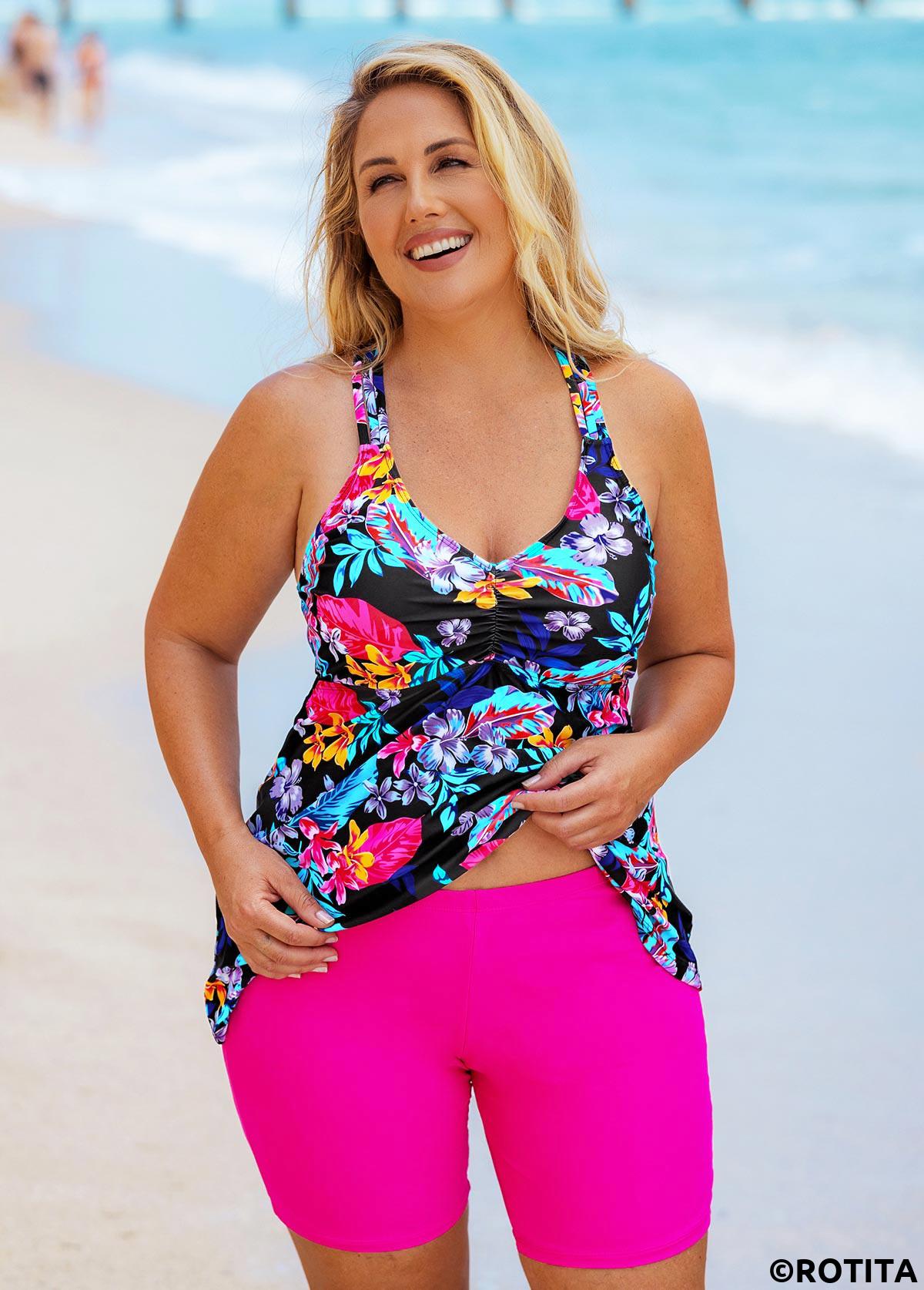Multi Color plus size,Floral plus size,Cross Strap Plus Size Floral Print Tankini Set 