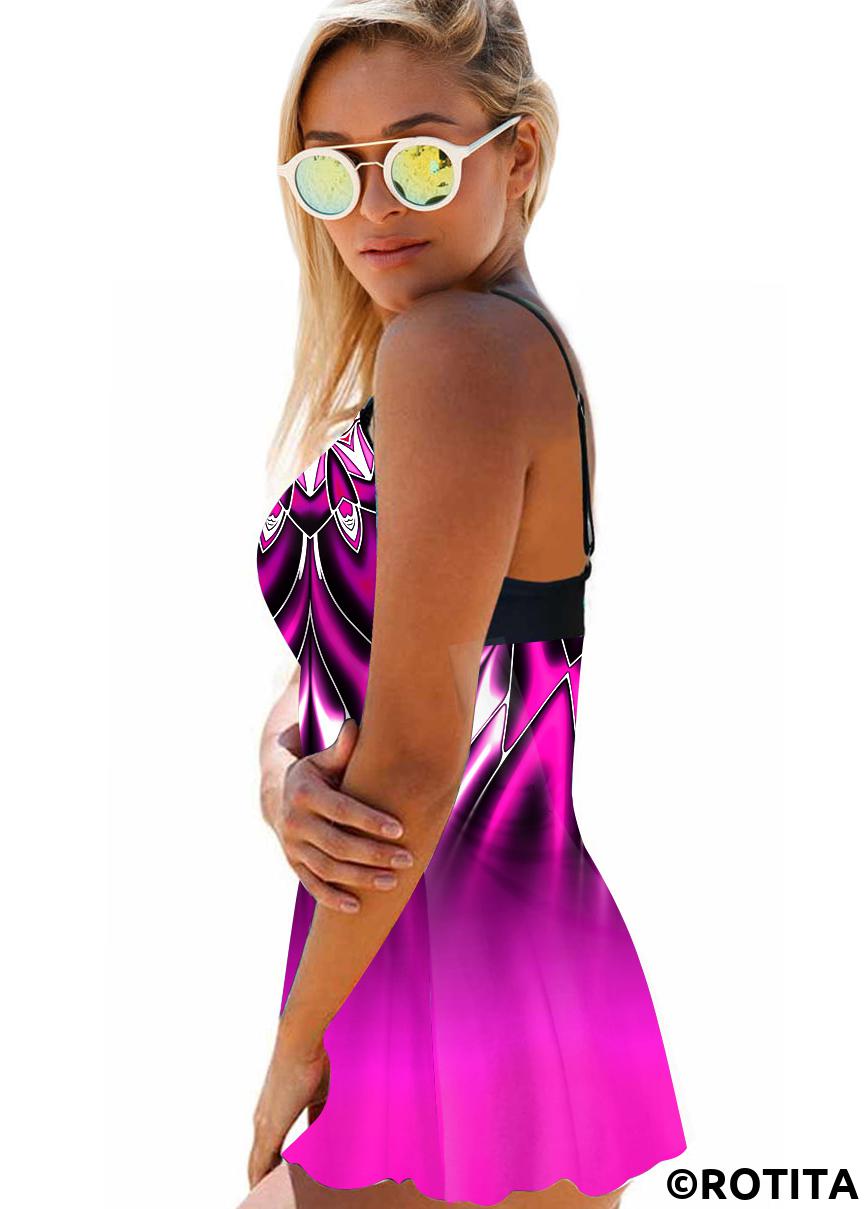 Purple swimwear,Ombre swimwear,ROTITA Ombre Tribal Print Cross Strap Swimdress and Panty 
