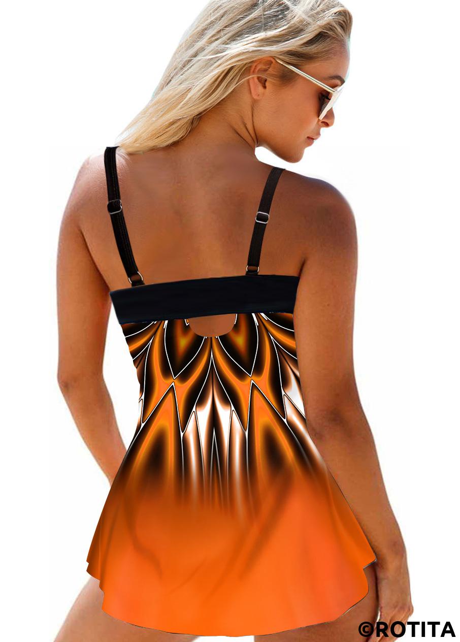 Orange swimwear,Ombre swimwear,ROTITA Cross Strap Tribal Print Ombre Swimdress and Panty 