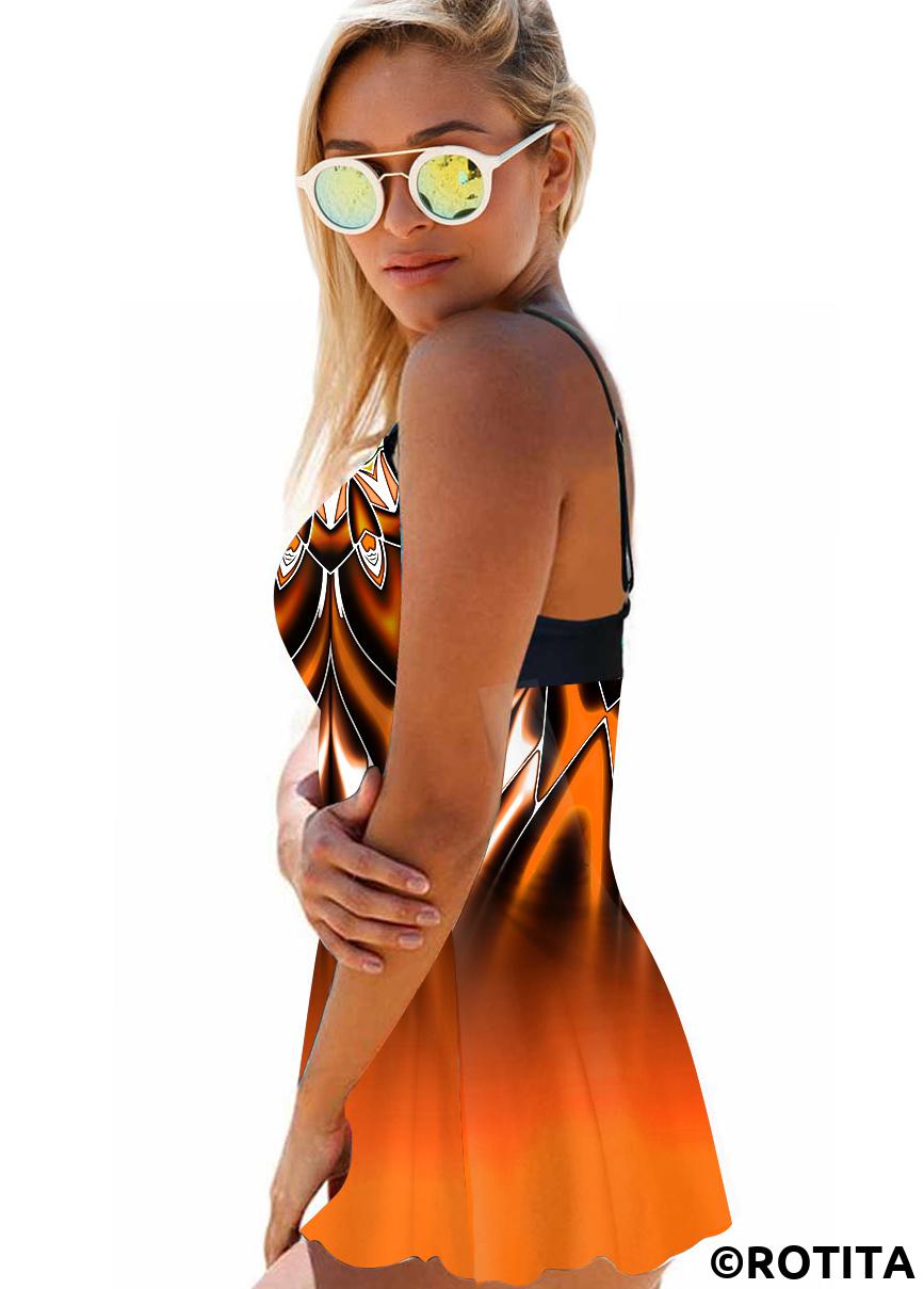 Orange swimwear,Ombre swimwear,ROTITA Cross Strap Tribal Print Ombre Swimdress and Panty 