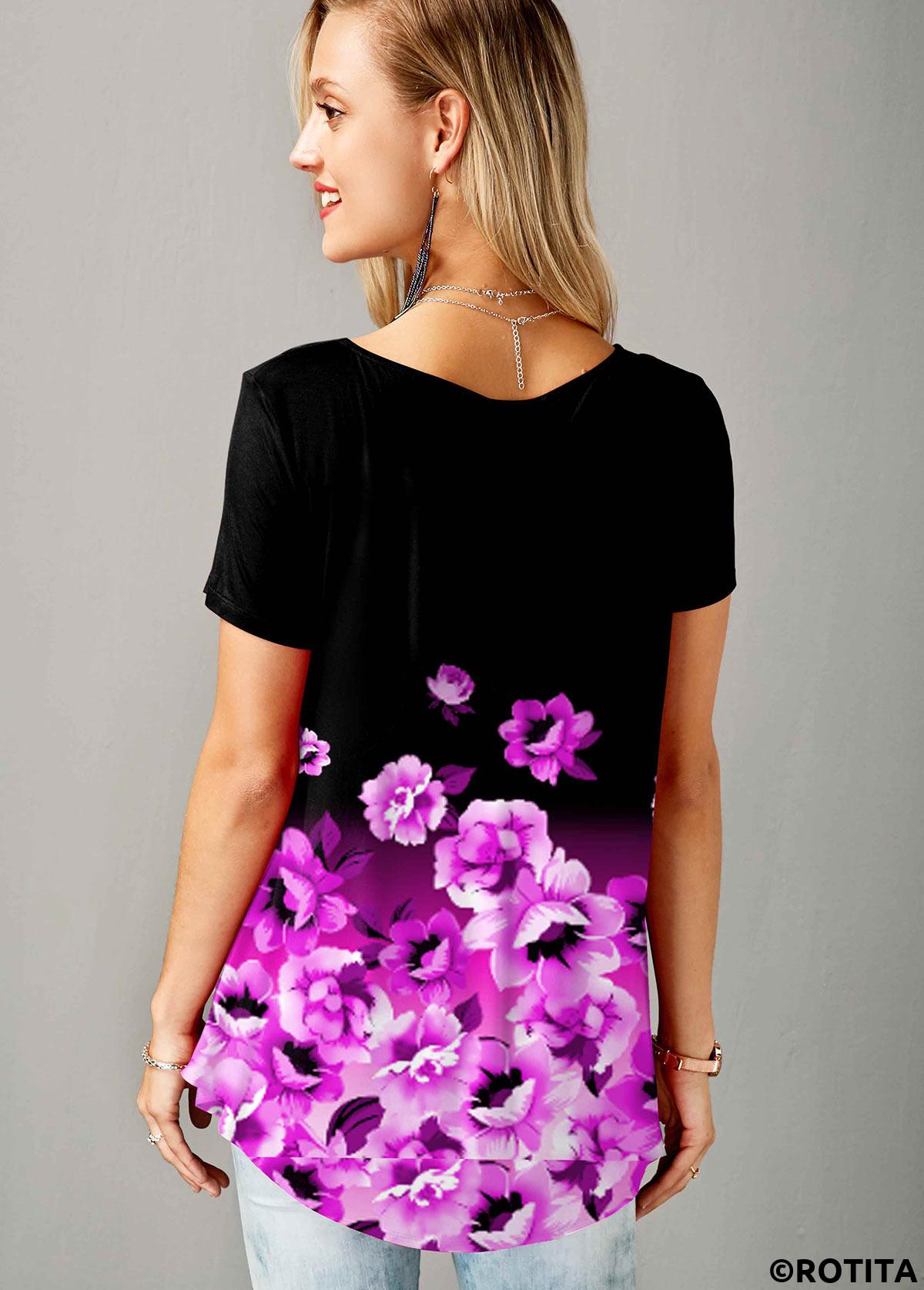 Purple tops,Floral tops,ROTITA Short Sleeve Floral Print Split Neck T Shirt