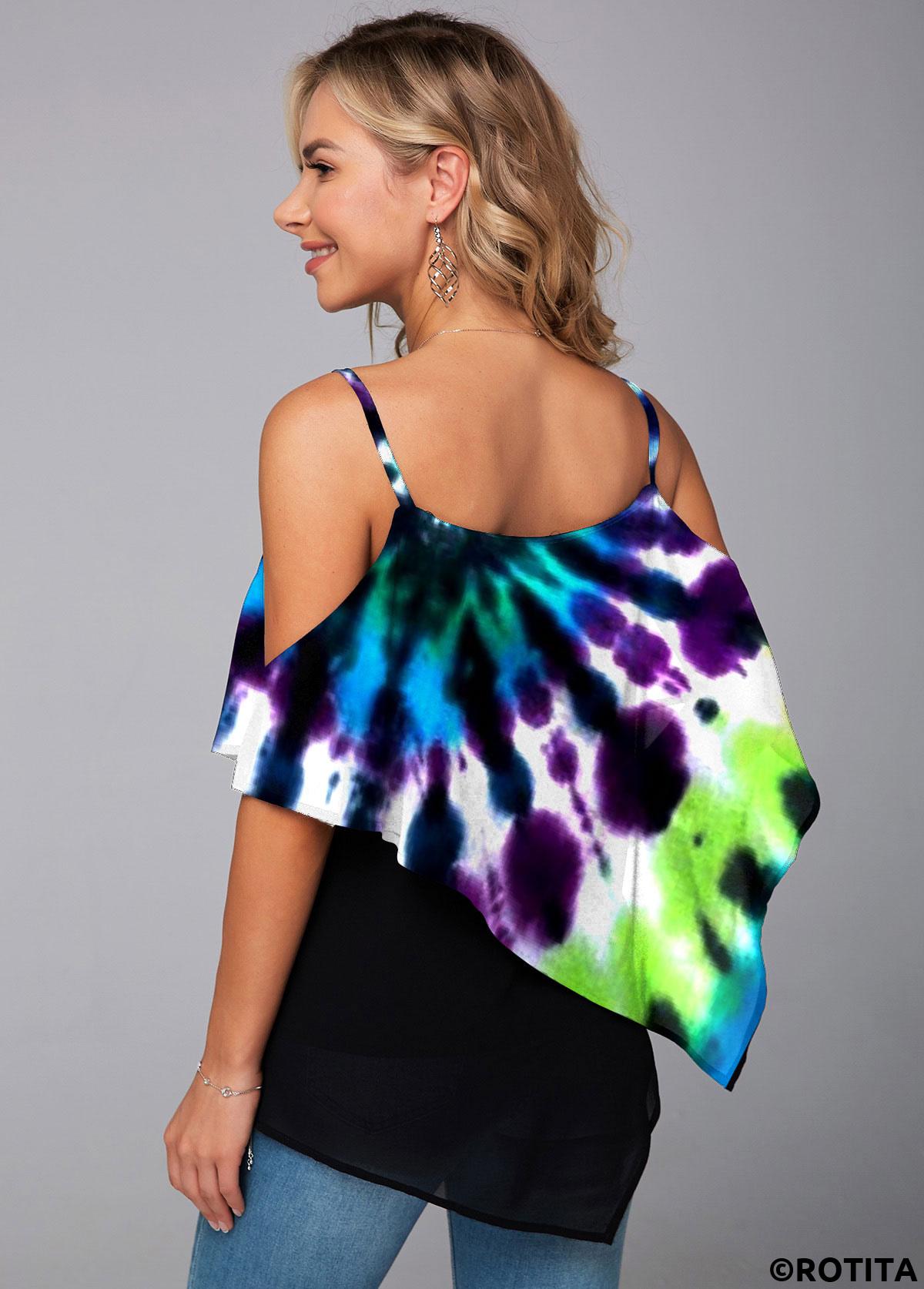 Multi Color tops,Rainbow Color tops,Tie Dye tops,ROTITA Asymmetric Hem Tie Dye Print Mesh Stitching T Shirt