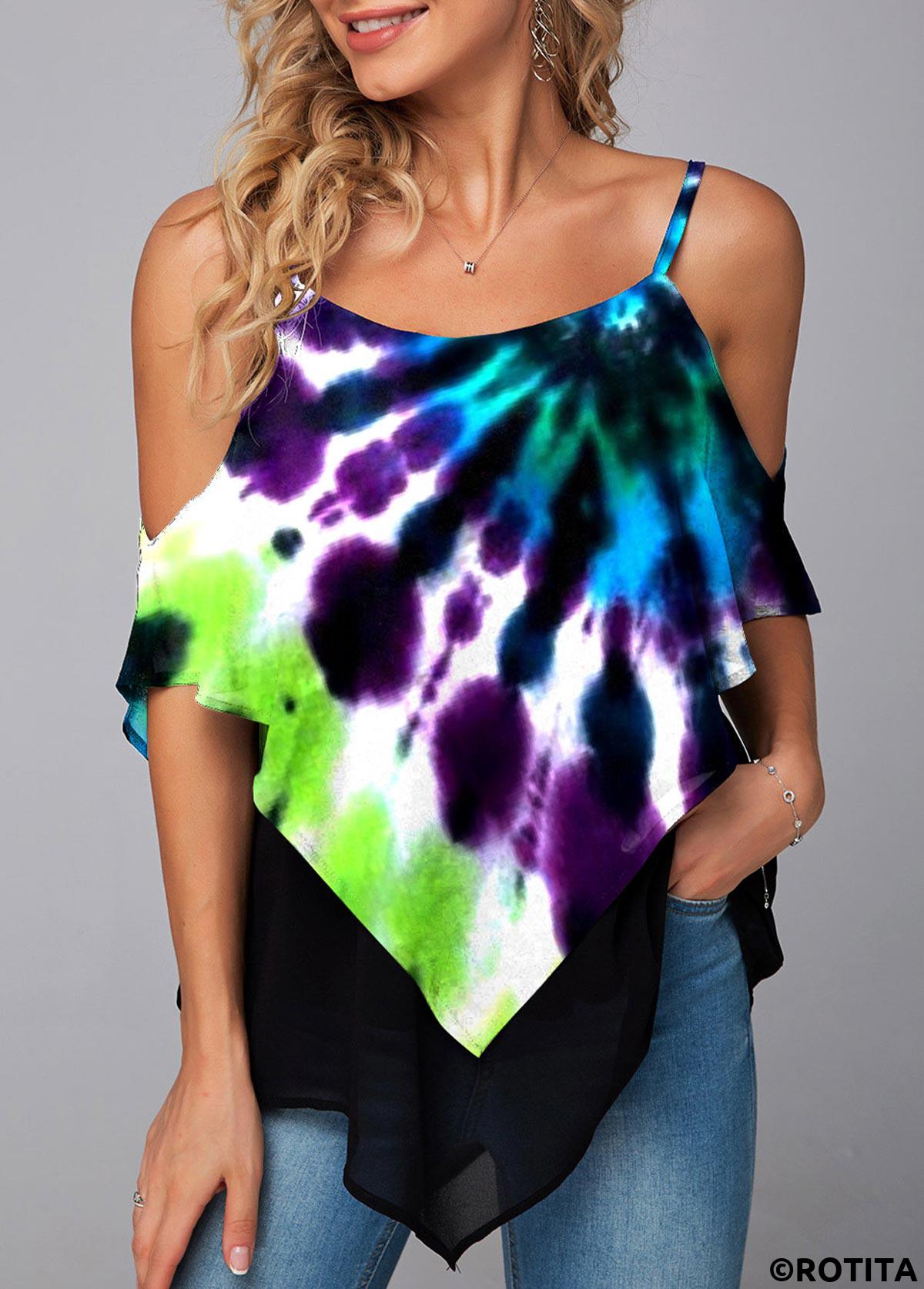 Multi Color tops,Rainbow Color tops,Tie Dye tops,ROTITA Asymmetric Hem Tie Dye Print Mesh Stitching T Shirt
