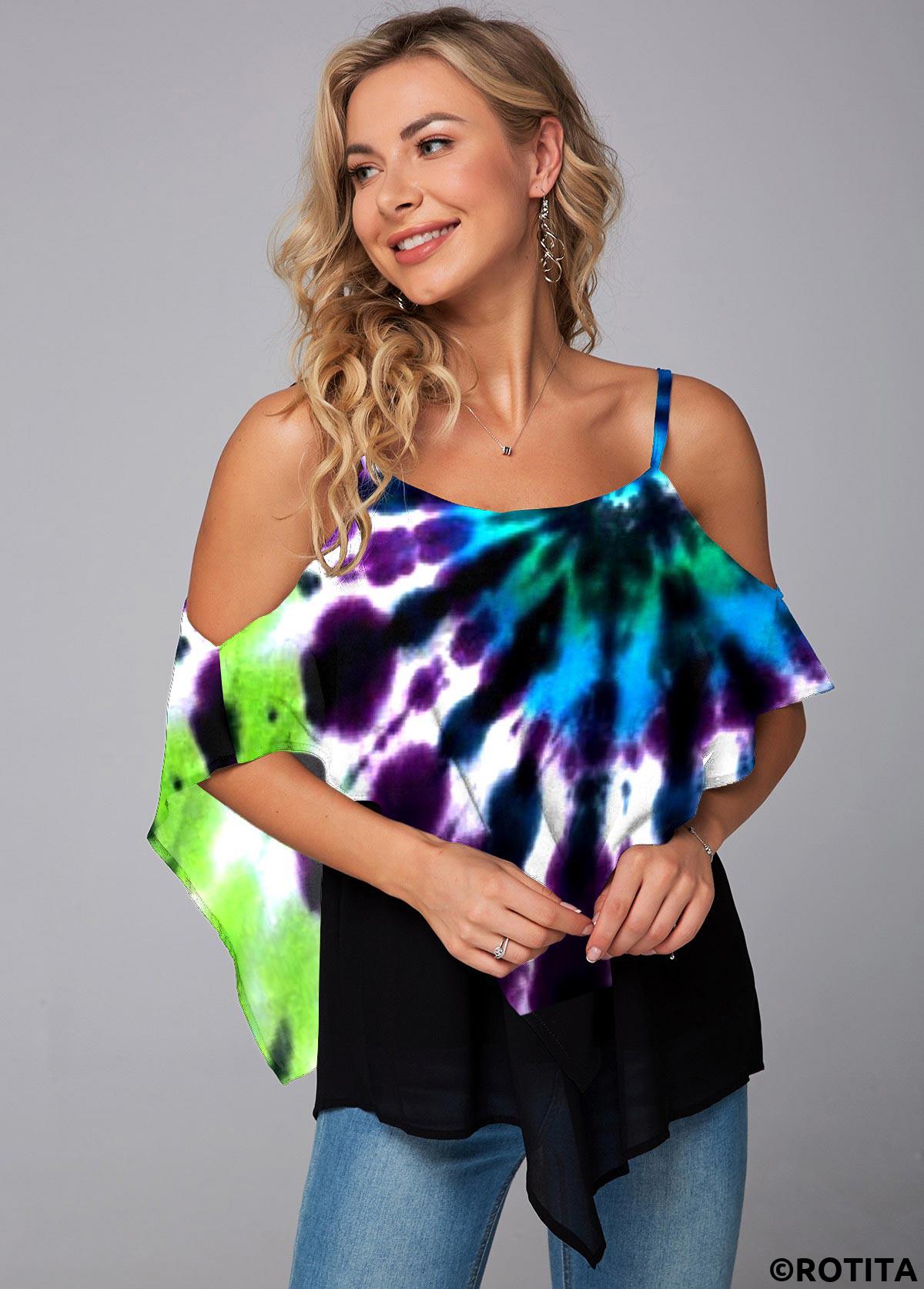 Multi Color tops,Rainbow Color tops,Tie Dye tops,ROTITA Asymmetric Hem Tie Dye Print Mesh Stitching T Shirt