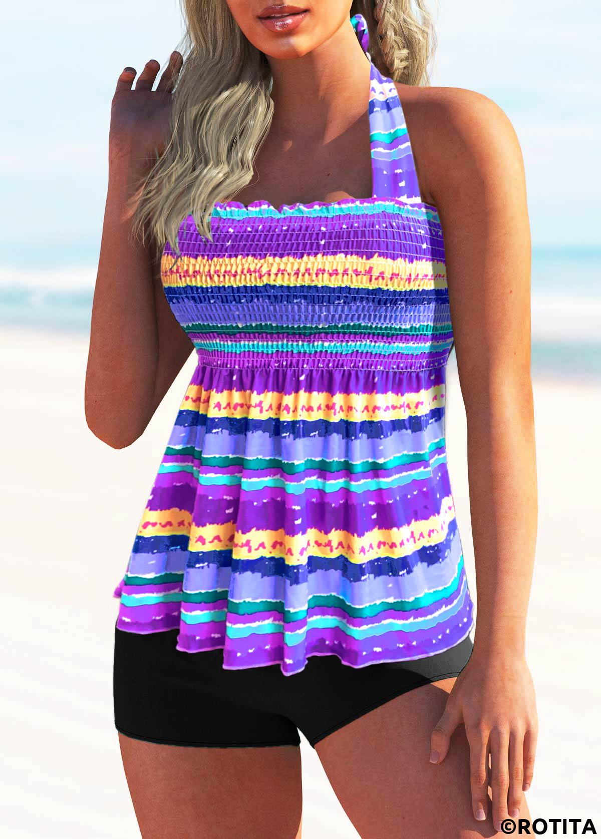 Multi Color swimwear,Rainbow Color swimwear,Striped swimwear,Rainbow Stripe Tie Back Smocked Tankini Set