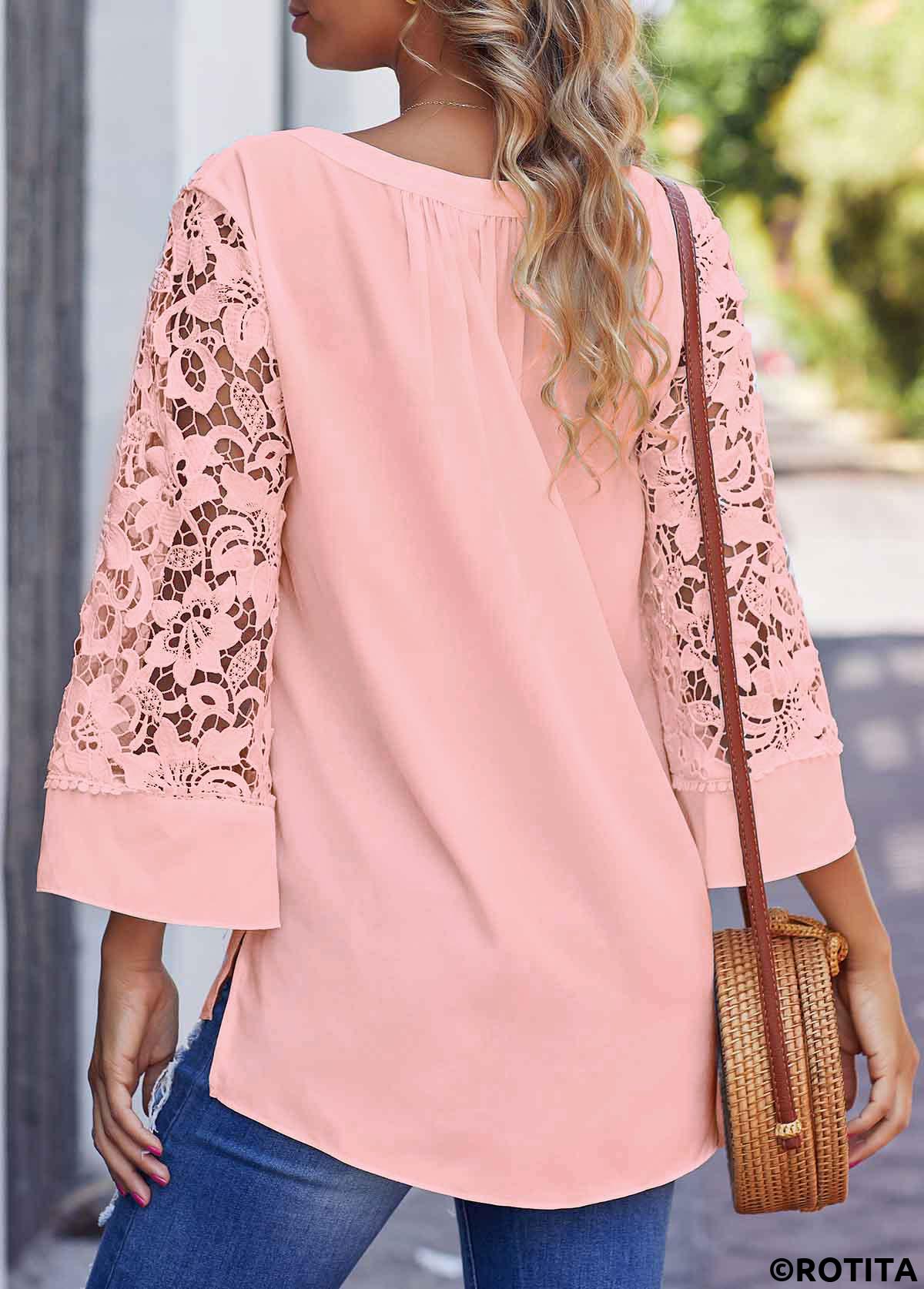 ROTITA Pink Split Neck 3/4 Sleeve Blouse