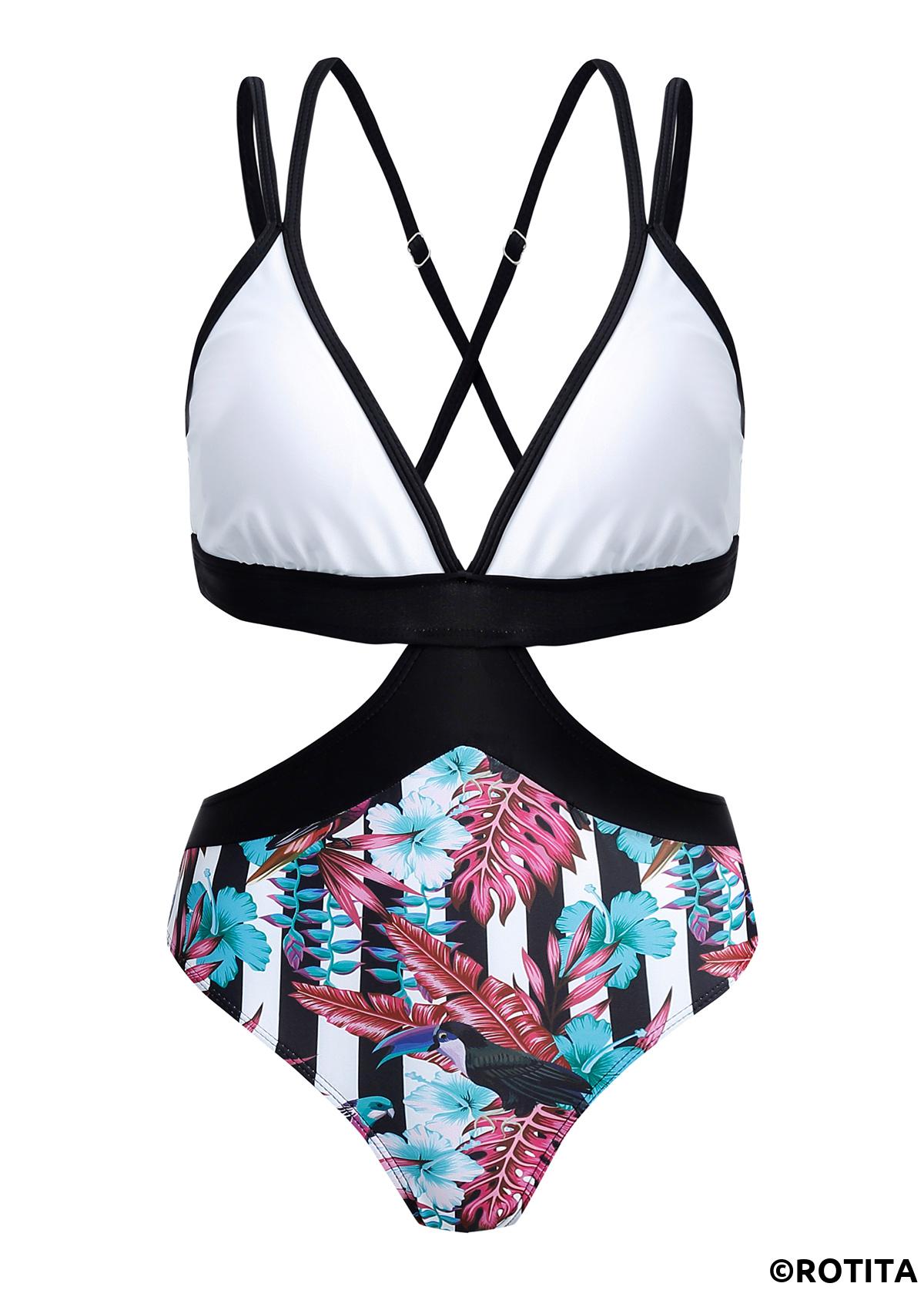 Multi Color swimwear,Floral swimwear,ROTITA Cross Strap Floral Print Contrast One Piece Swimwear