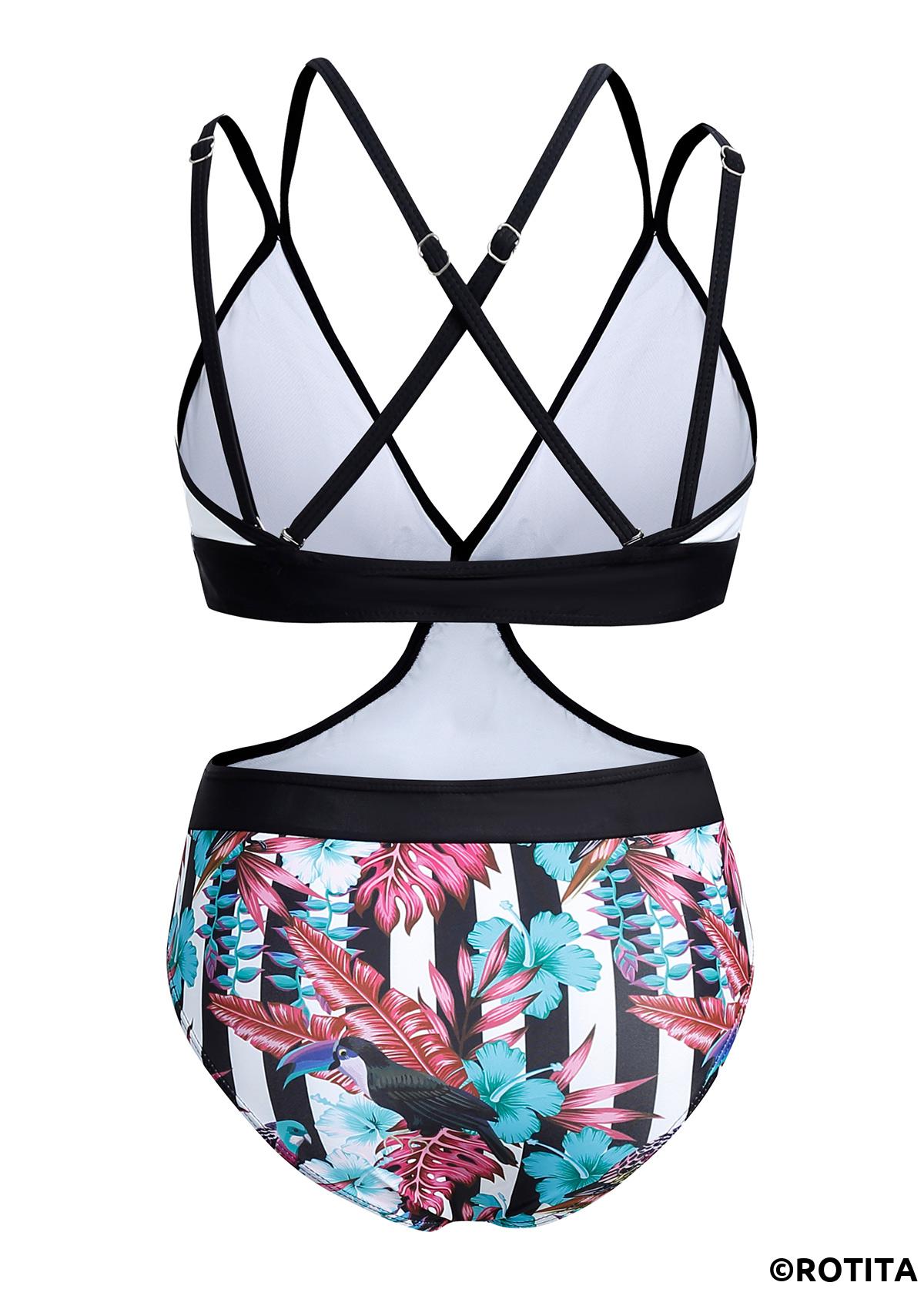 Multi Color swimwear,Floral swimwear,ROTITA Cross Strap Floral Print Contrast One Piece Swimwear
