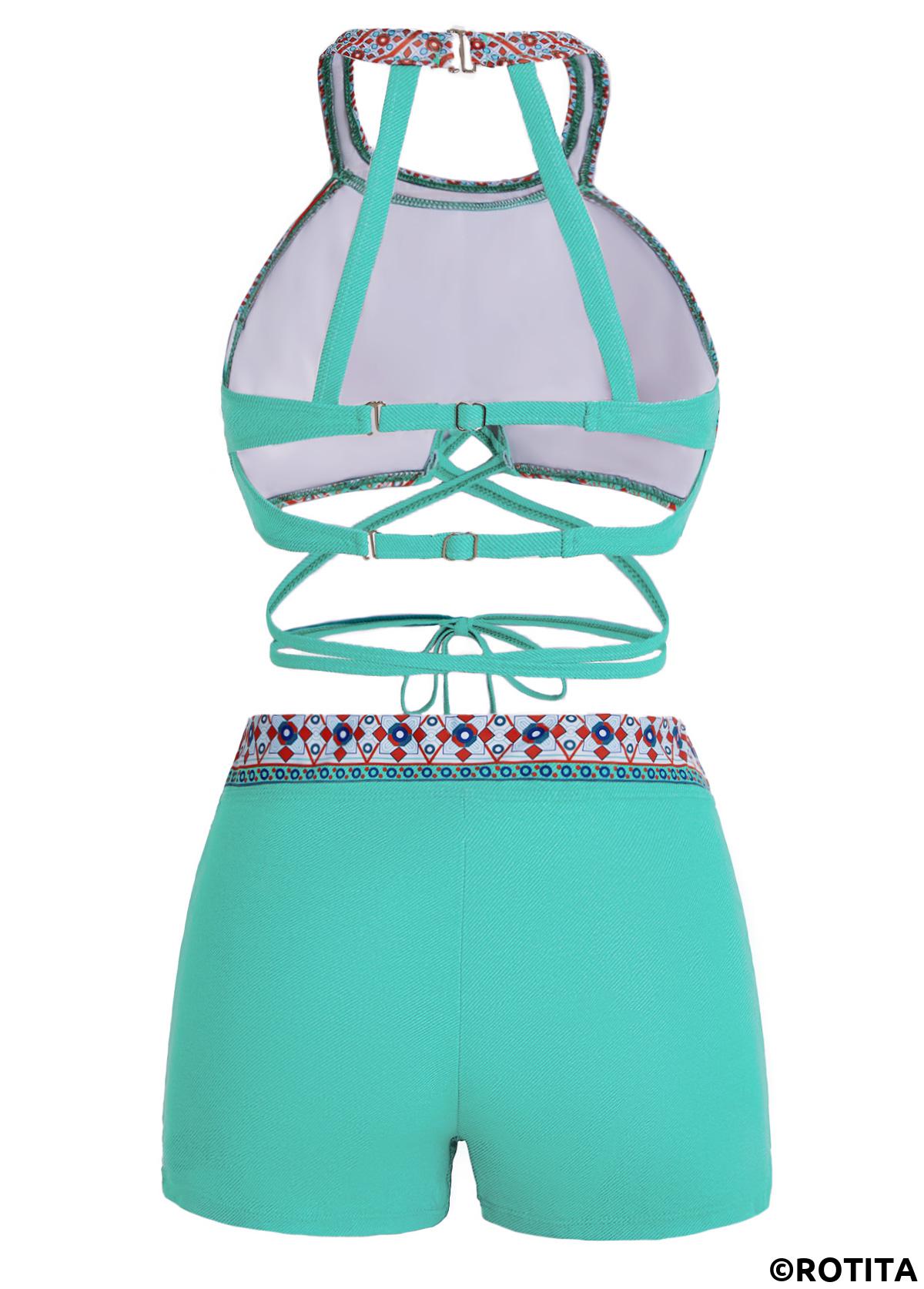 Green swimwear,Tribal swimwear,ROTITA Cutout Back Tribal Print Tie Front Bikini Set 