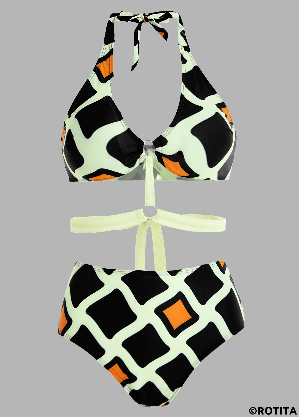 Multi Color swimwear,Geometric swimwear,ROTITA High Waisted Geometric Print Halter Bikini Set 