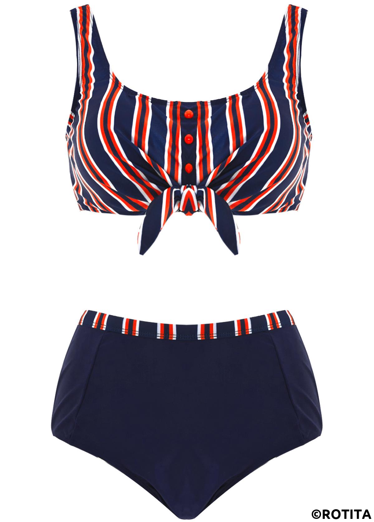 Striped swimwear,ROTITA Striped High Waisted Bowknot Bikini Set