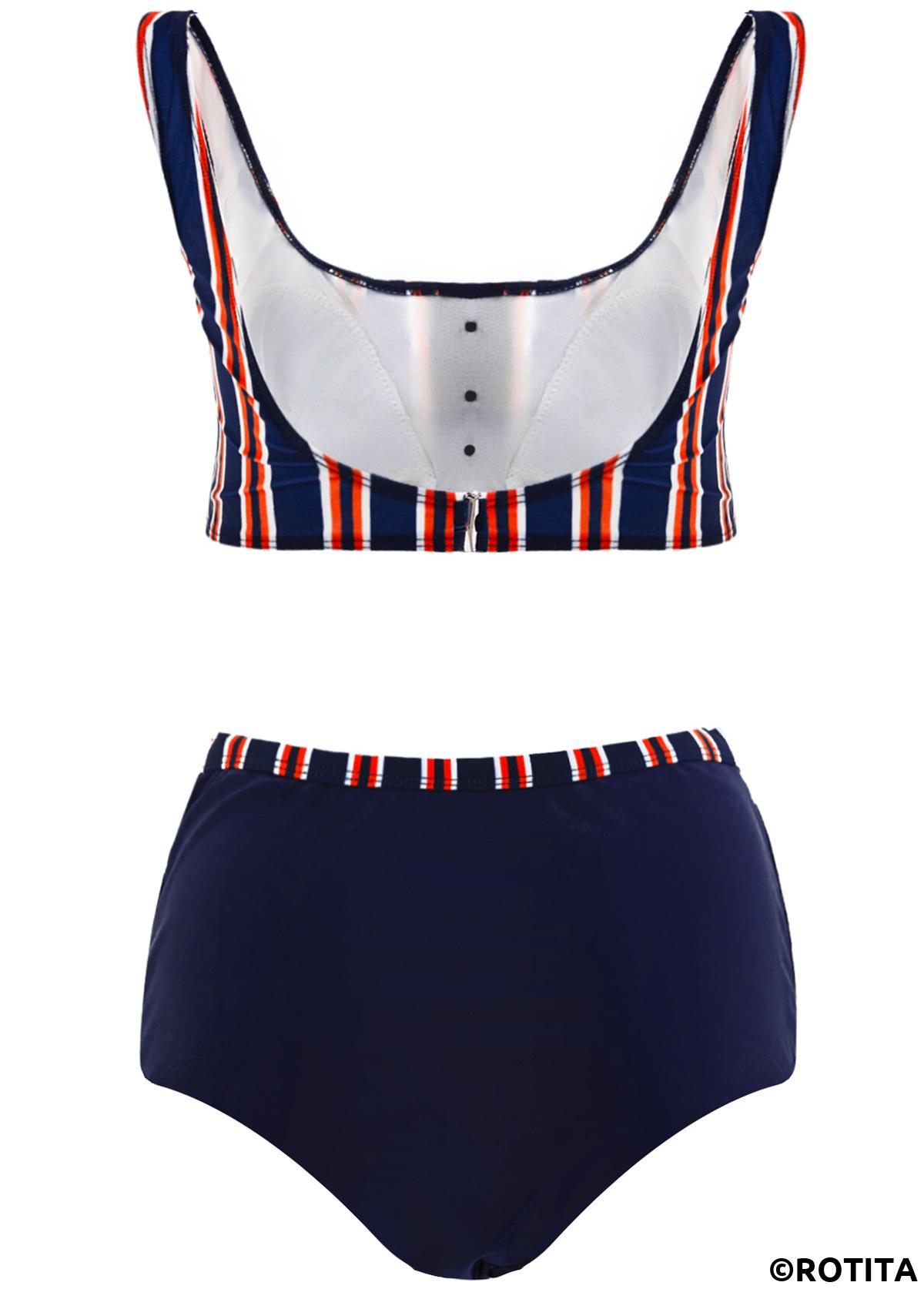 Striped swimwear,ROTITA Striped High Waisted Bowknot Bikini Set