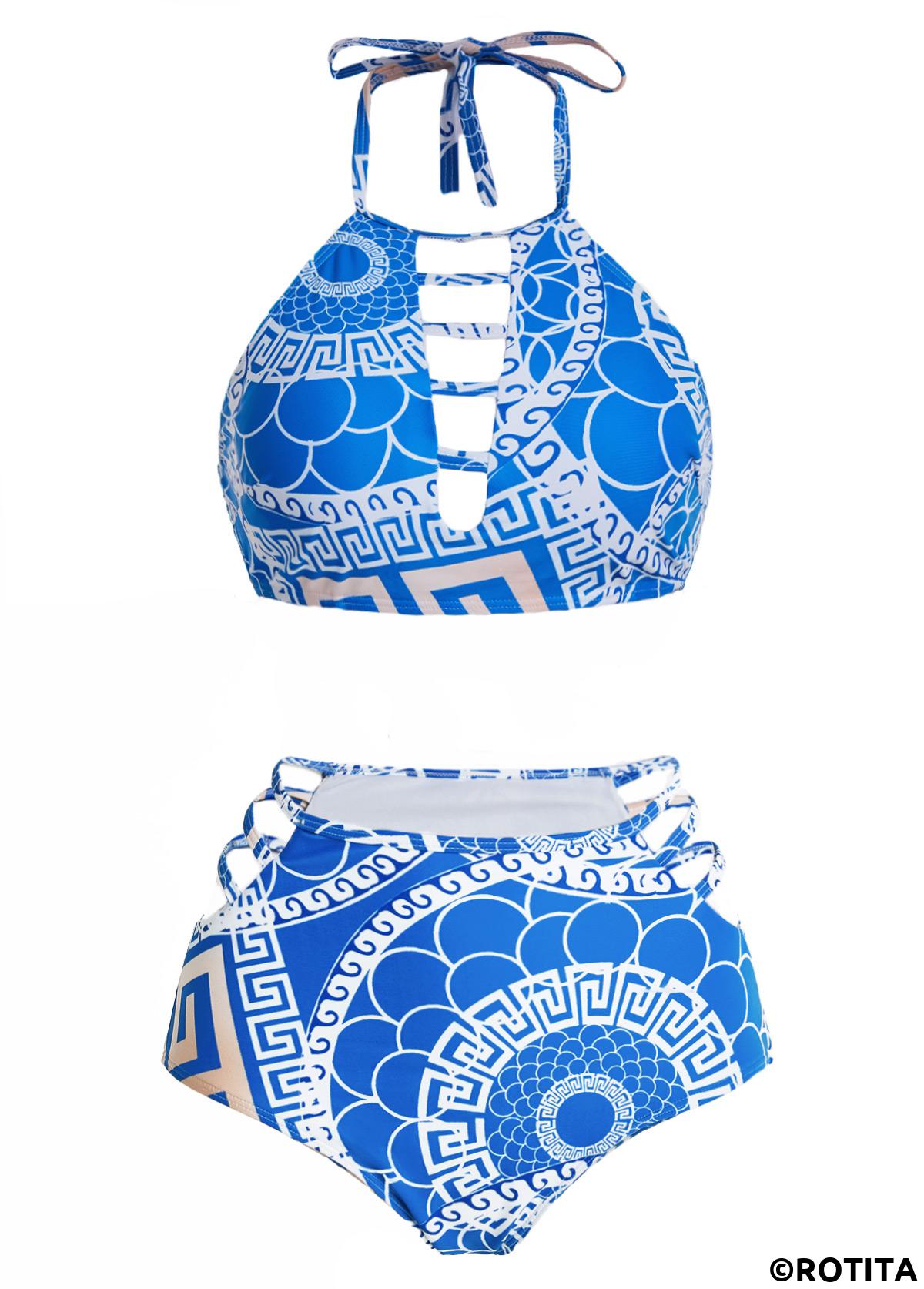 Blue swimwear,Geometric swimwear,ROTITA Halter Geometric Print High Waisted Bikini Set 