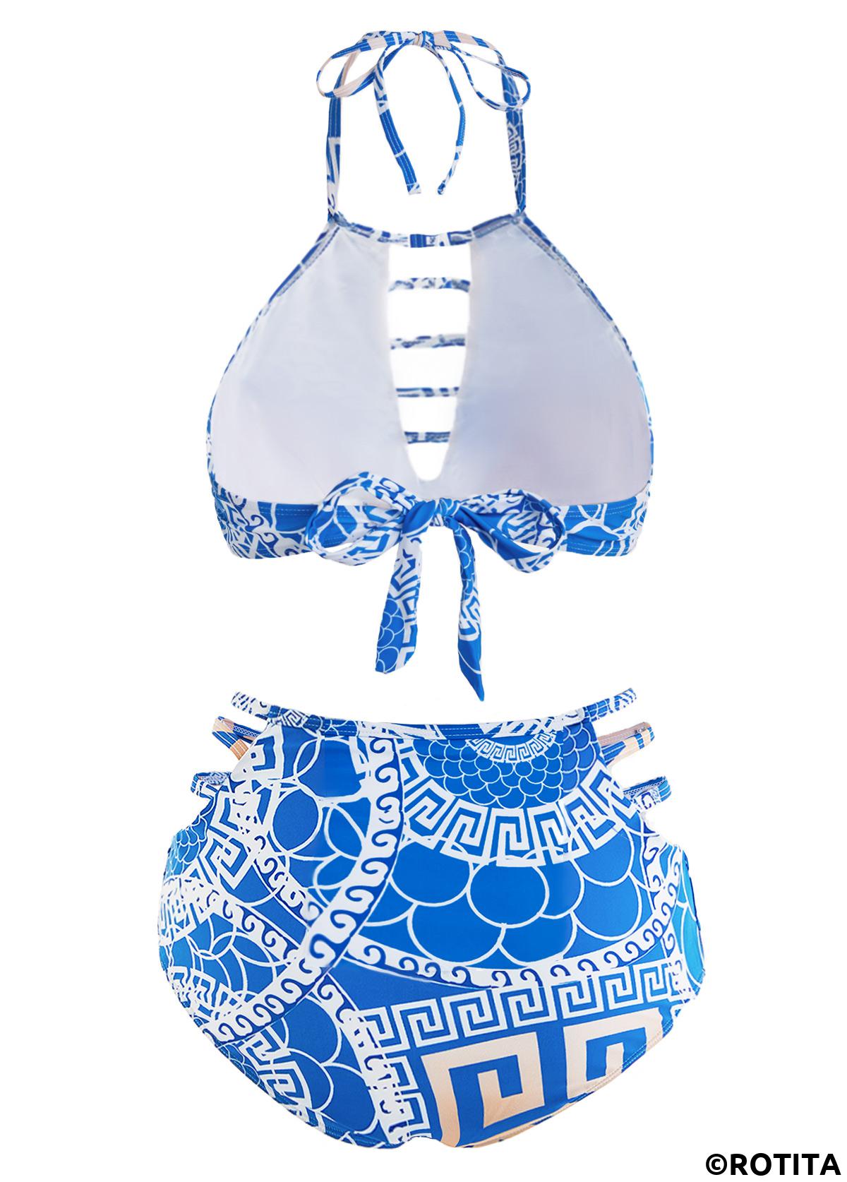 Blue swimwear,Geometric swimwear,ROTITA Halter Geometric Print High Waisted Bikini Set 