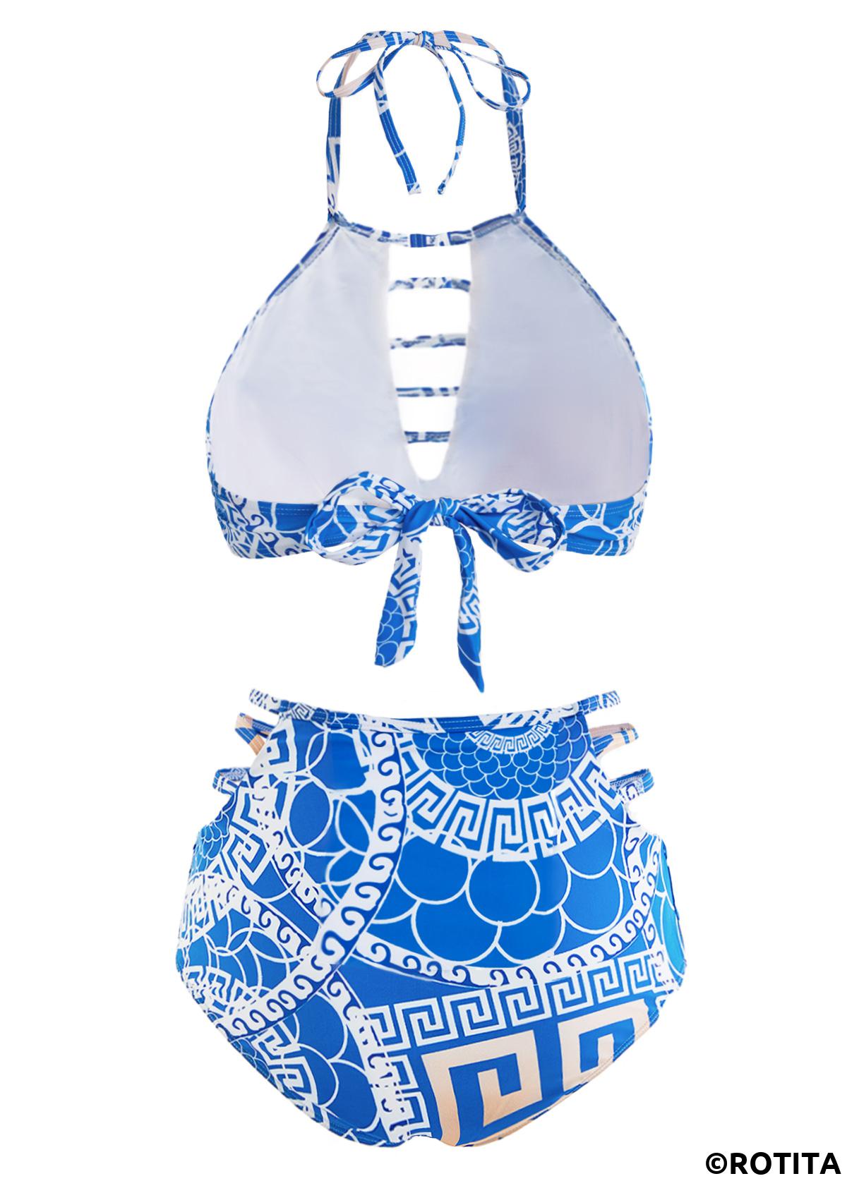 Blue swimwear,Geometric swimwear,ROTITA Halter Geometric Print High Waisted Bikini Set 