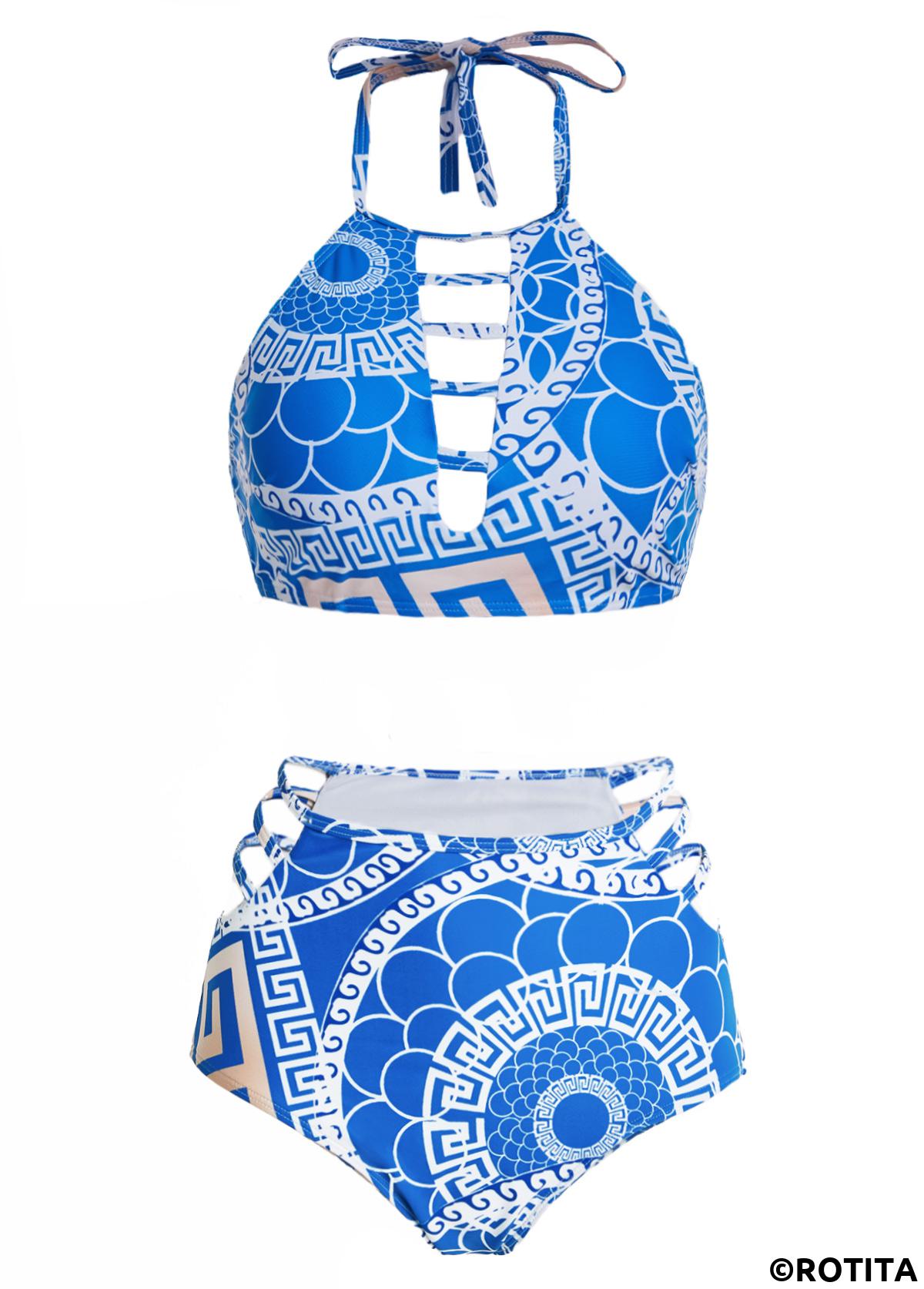 Blue swimwear,Geometric swimwear,ROTITA Halter Geometric Print High Waisted Bikini Set 