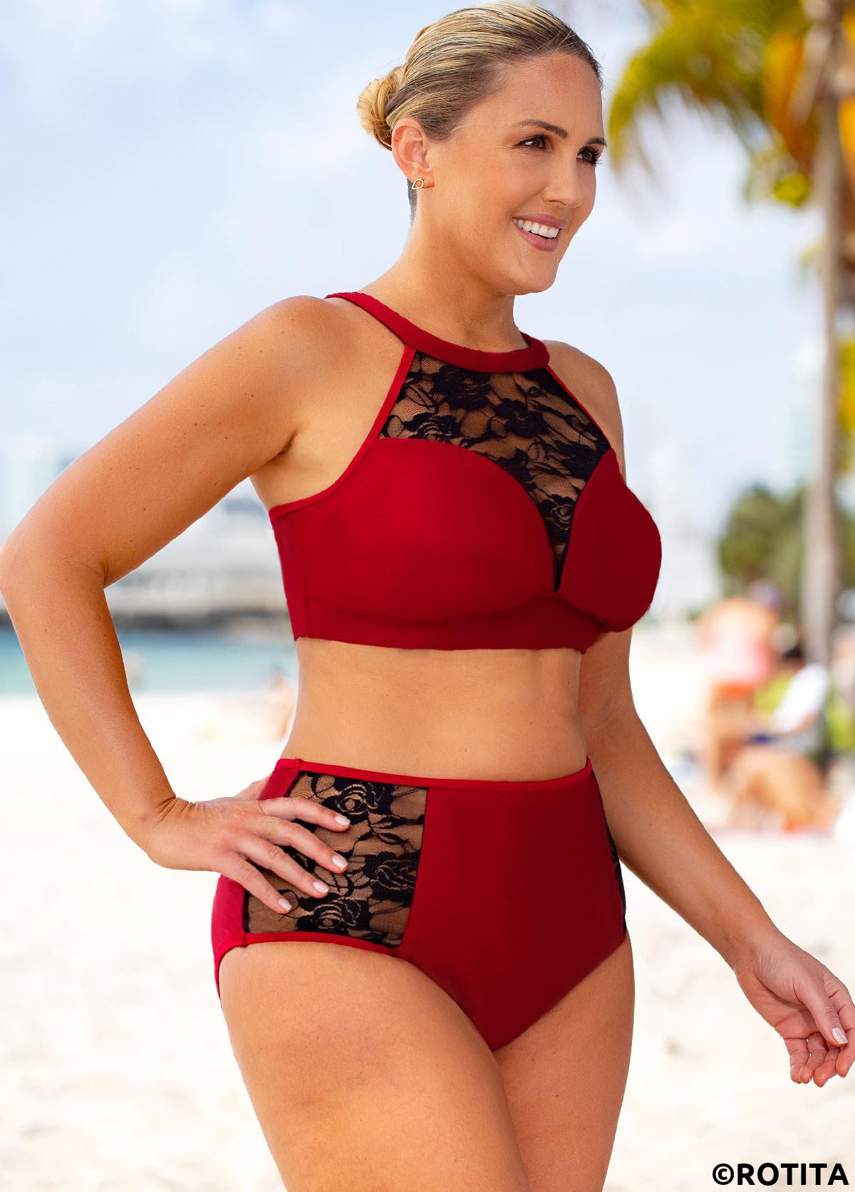 Wine Red plus size,Contrast Color plus size,ROTITA Plus Size High Waisted Lace Stitching Bikini Set