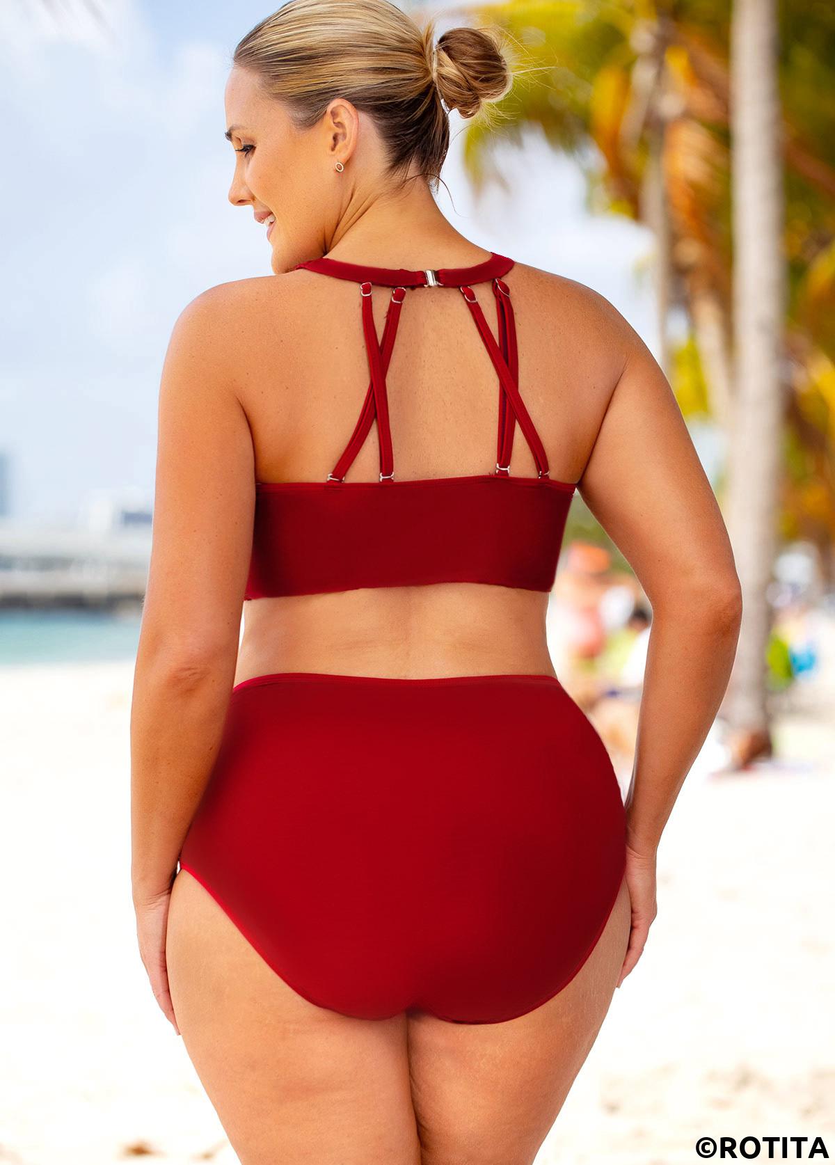 Wine Red plus size,Contrast Color plus size,ROTITA Plus Size High Waisted Lace Stitching Bikini Set