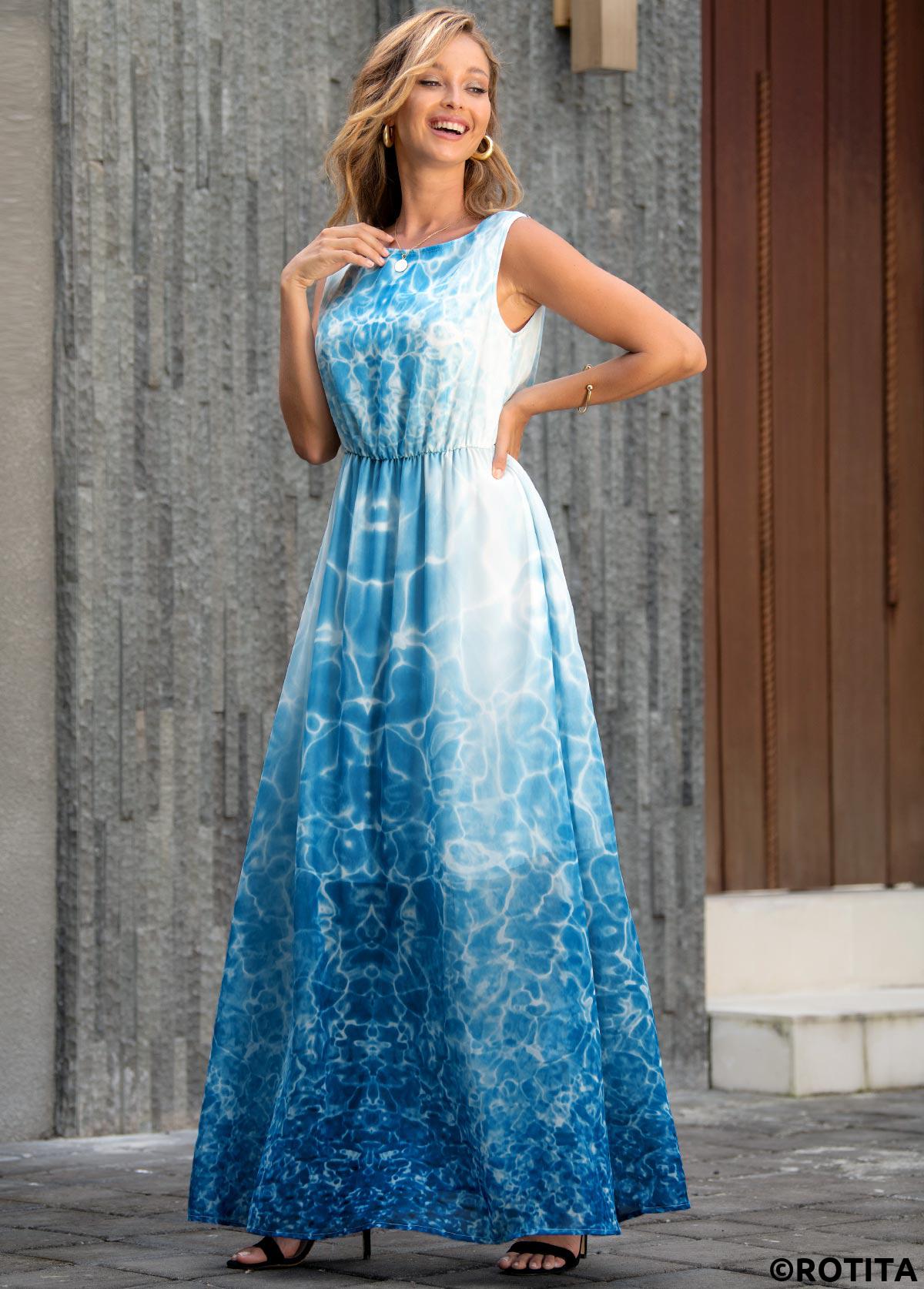 Sky Blue dresses,Tie Dye dresses,Vacation dresses,Vacation dresses,ROTITA Tie Dye Print Sleeveless V Back Maxi Dress