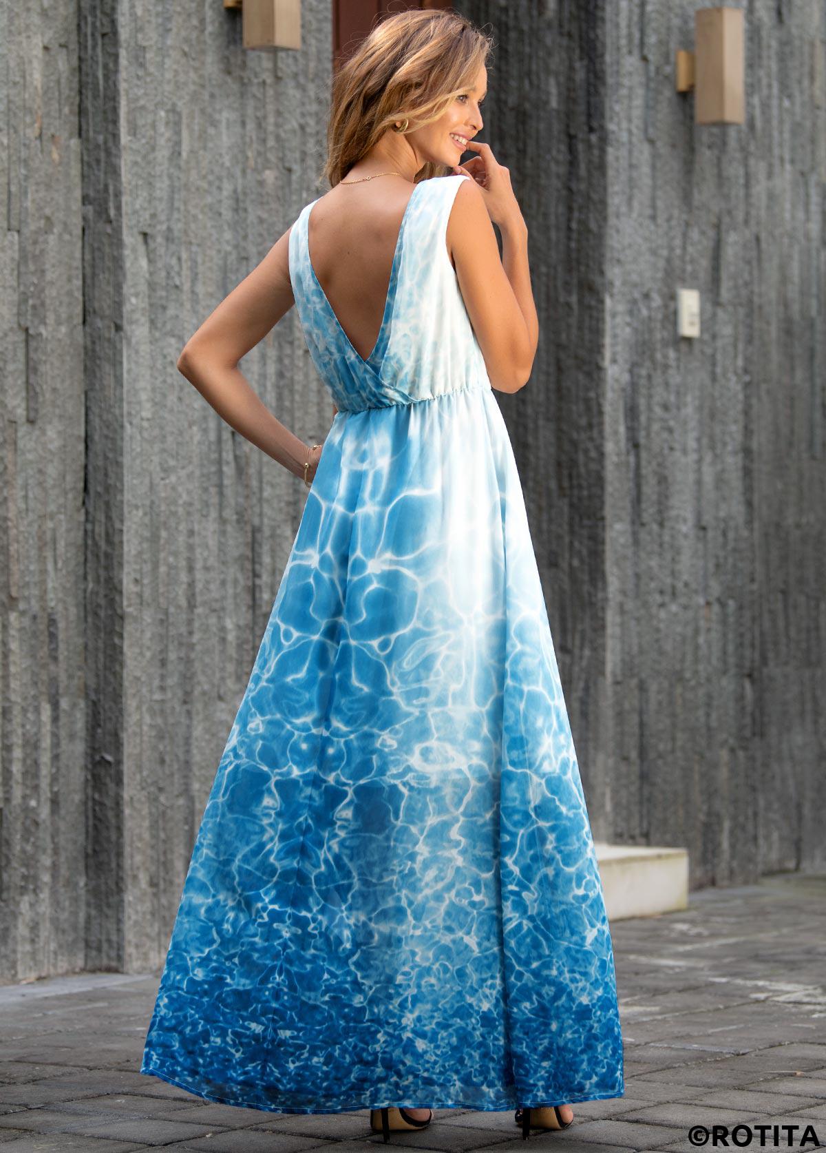 Sky Blue dresses,Tie Dye dresses,Vacation dresses,Vacation dresses,ROTITA Tie Dye Print Sleeveless V Back Maxi Dress