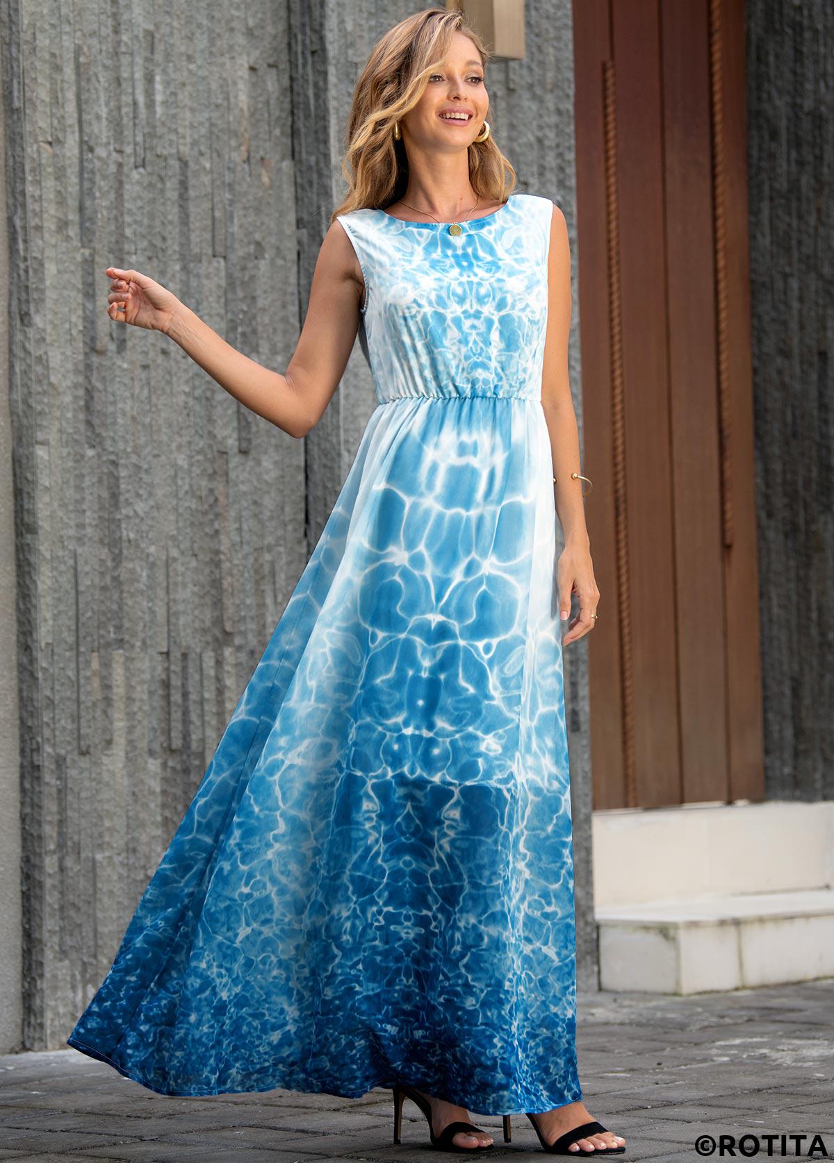 Sky Blue dresses,Tie Dye dresses,Vacation dresses,Vacation dresses,ROTITA Tie Dye Print Sleeveless V Back Maxi Dress