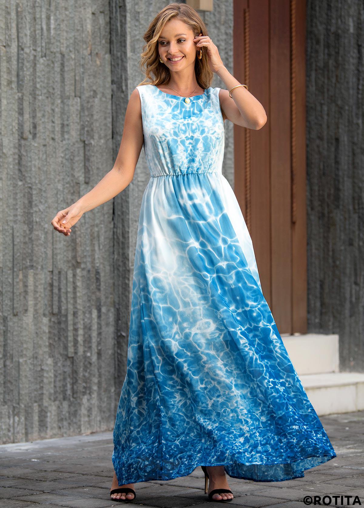 Sky Blue dresses,Tie Dye dresses,Vacation dresses,Vacation dresses,ROTITA Tie Dye Print Sleeveless V Back Maxi Dress