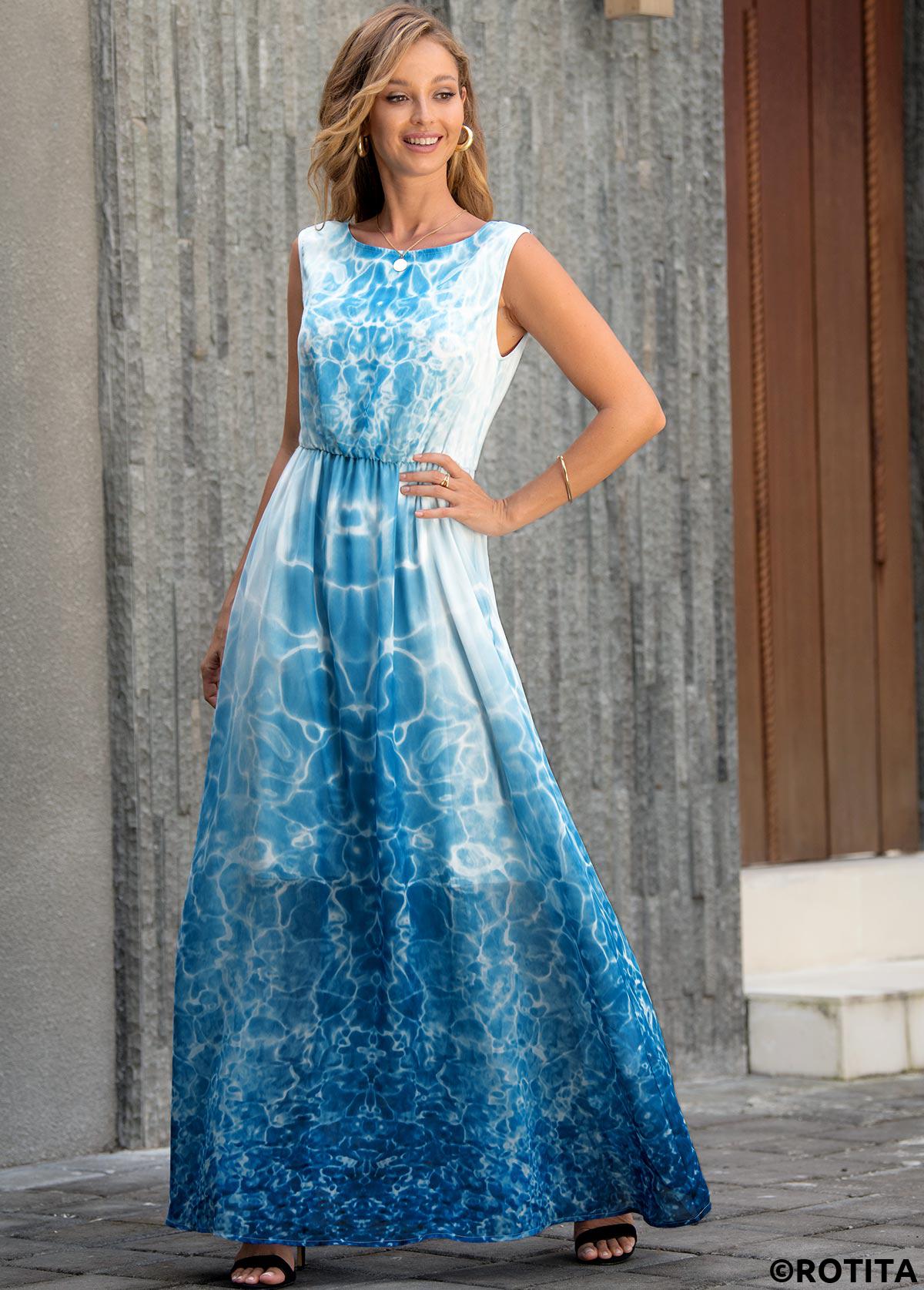 Sky Blue dresses,Tie Dye dresses,Vacation dresses,Vacation dresses,ROTITA Tie Dye Print Sleeveless V Back Maxi Dress