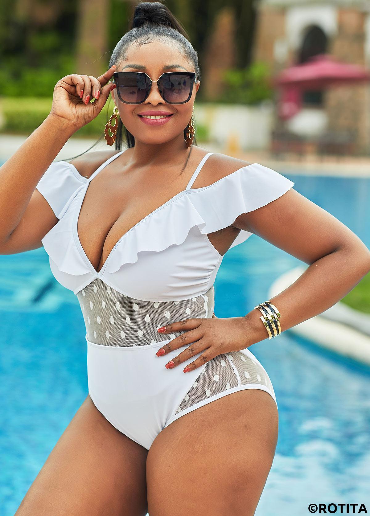 White plus size,Plain Color plus size,ROTITA Plus Size Ruffle Lace Stitching One Piece Swimwear