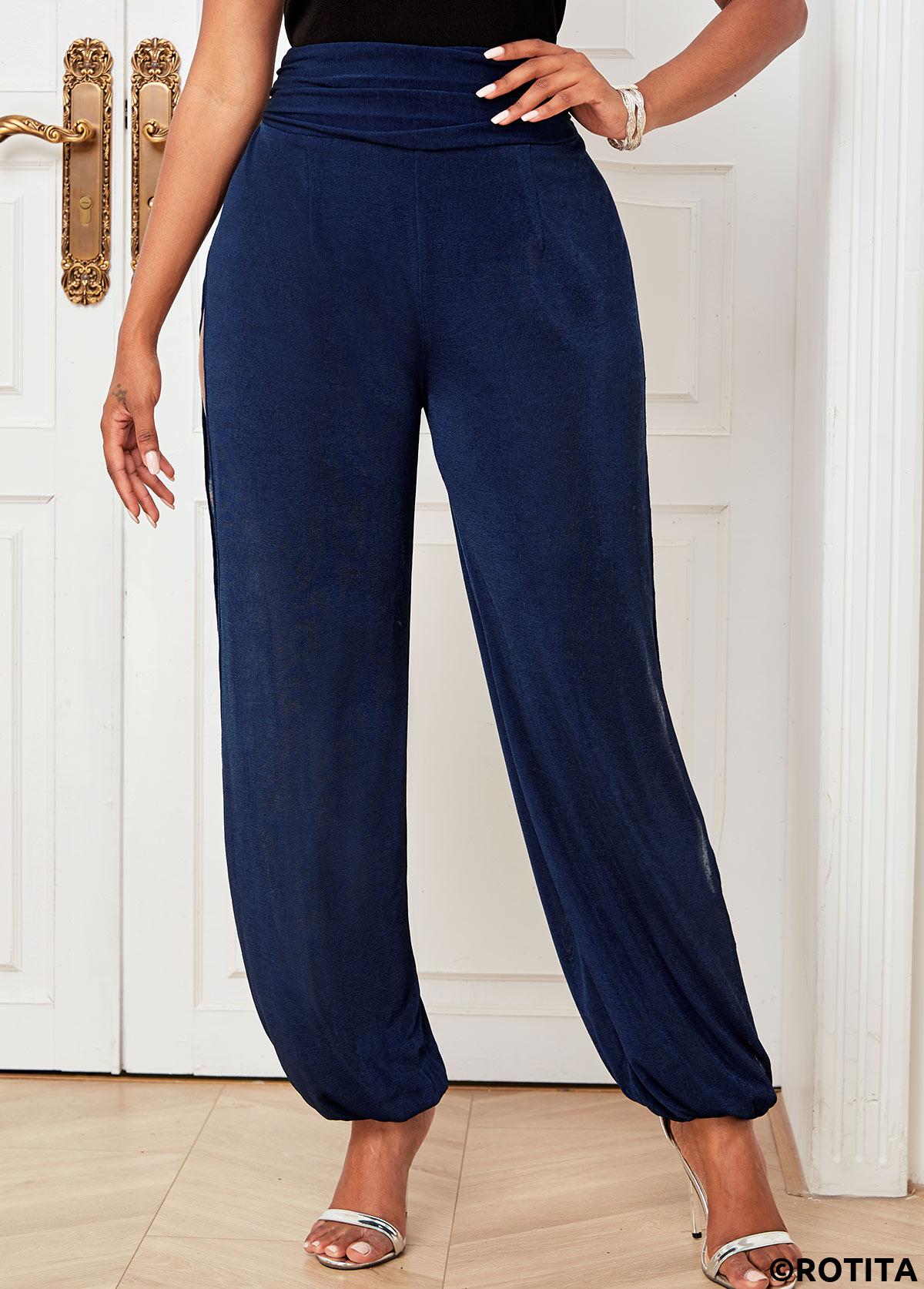 Navy bottoms,Plain Color bottoms,ROTITA Cutout Leg Solid High Waisted Pants