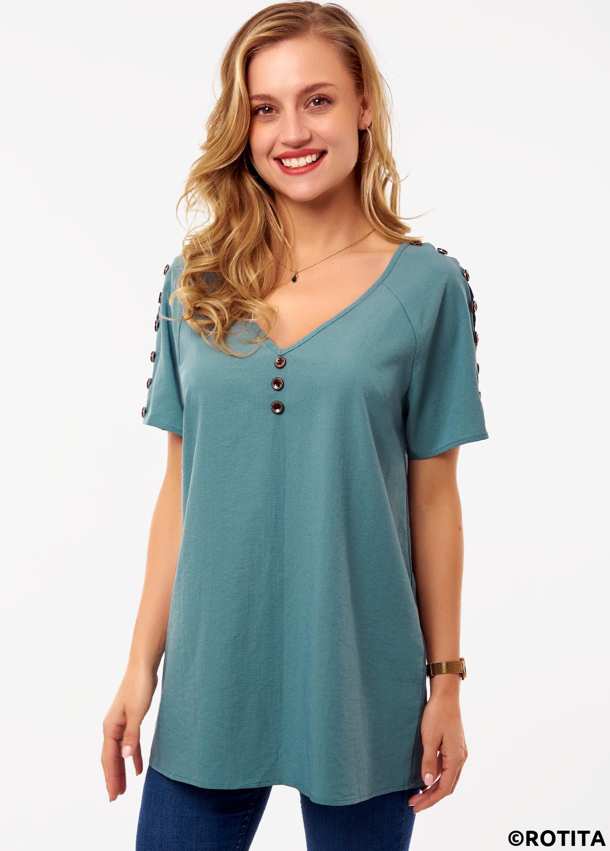 Green tops,Plain Color tops,ROTITA V Neck Button Detail Short Sleeve Blouse