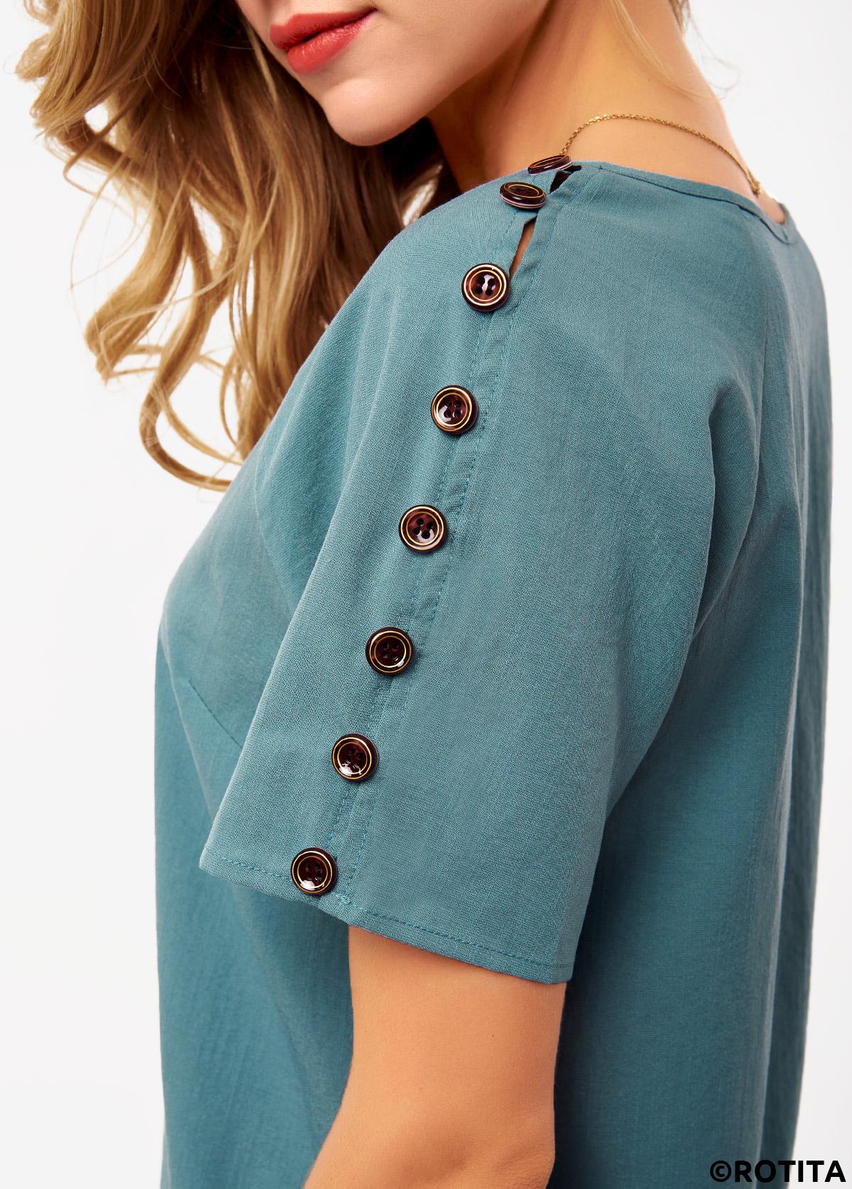 Green tops,Plain Color tops,ROTITA V Neck Button Detail Short Sleeve Blouse