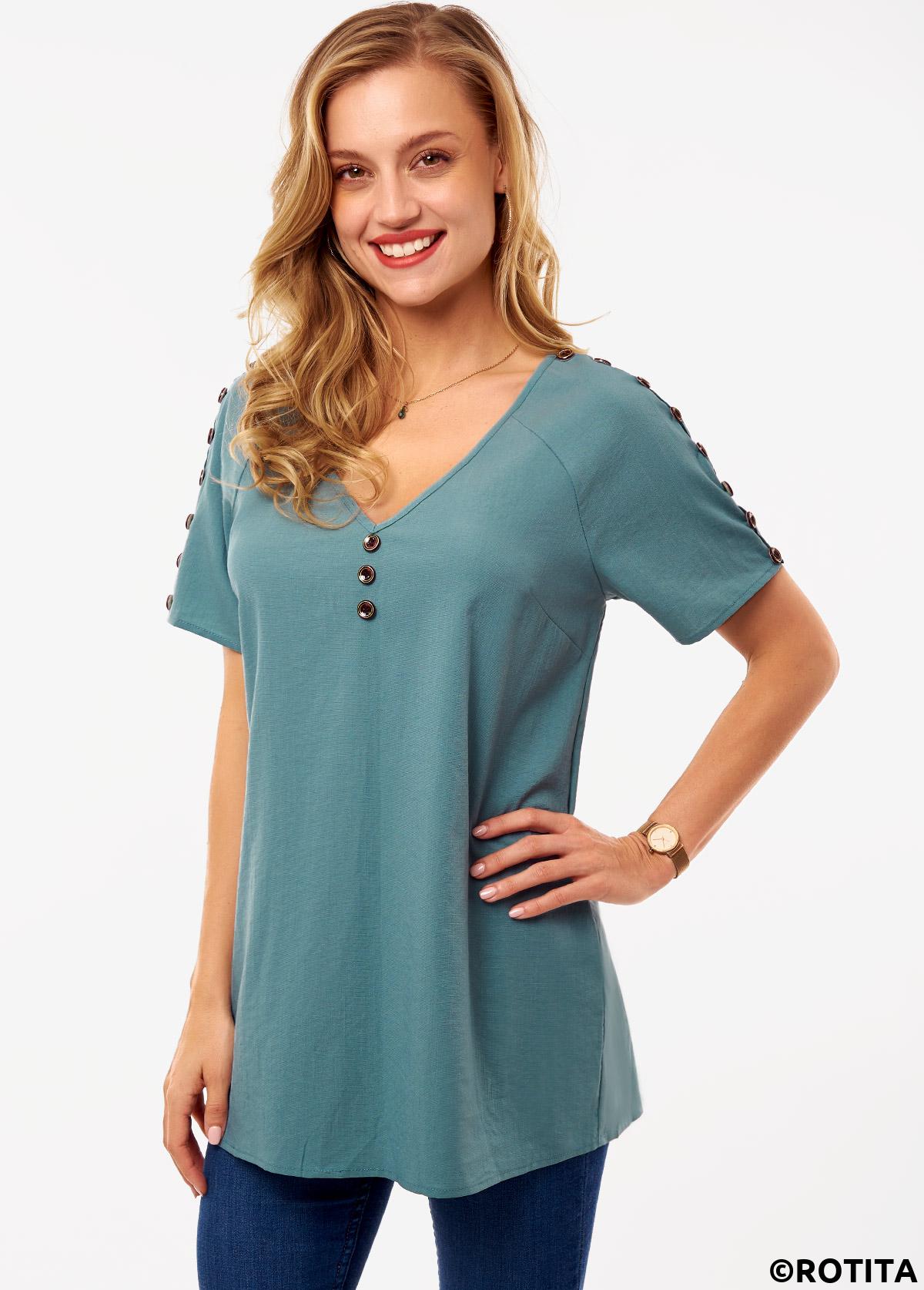 Green tops,Plain Color tops,ROTITA Button Green V Neck Short Sleeve Shirt