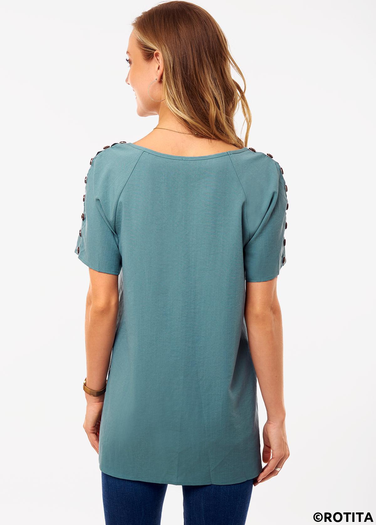 Green tops,Plain Color tops,ROTITA Button Green V Neck Short Sleeve Shirt