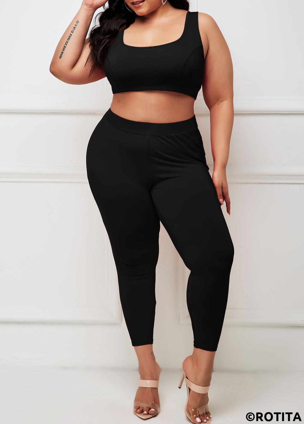 Black plus size,Plain Color plus size,ROTITA Black Plus Size Wide Strap High Waisted Sweatsuit