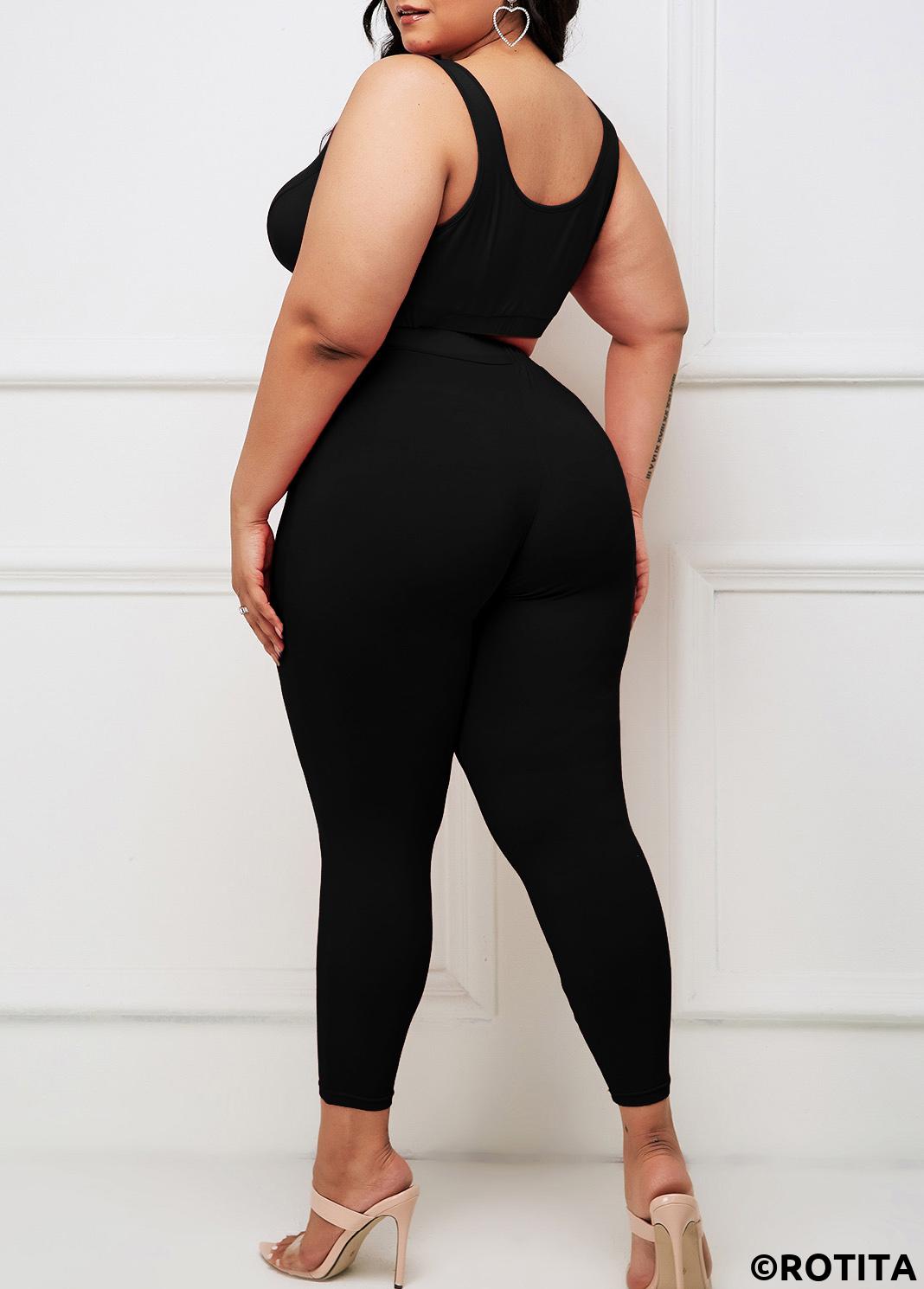 Black plus size,Plain Color plus size,ROTITA Black Plus Size Wide Strap High Waisted Sweatsuit