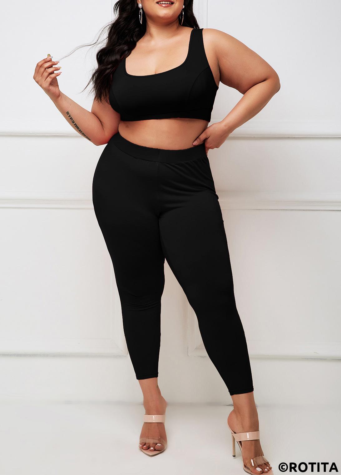 Black plus size,Plain Color plus size,ROTITA Black Plus Size Wide Strap High Waisted Sweatsuit