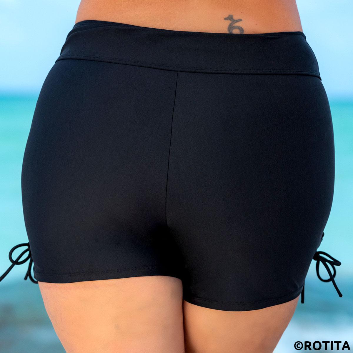 Black plus size,Plain Color plus size,ROTITA Tie Side High Waist Drawstring Plus Size Swim Shorts