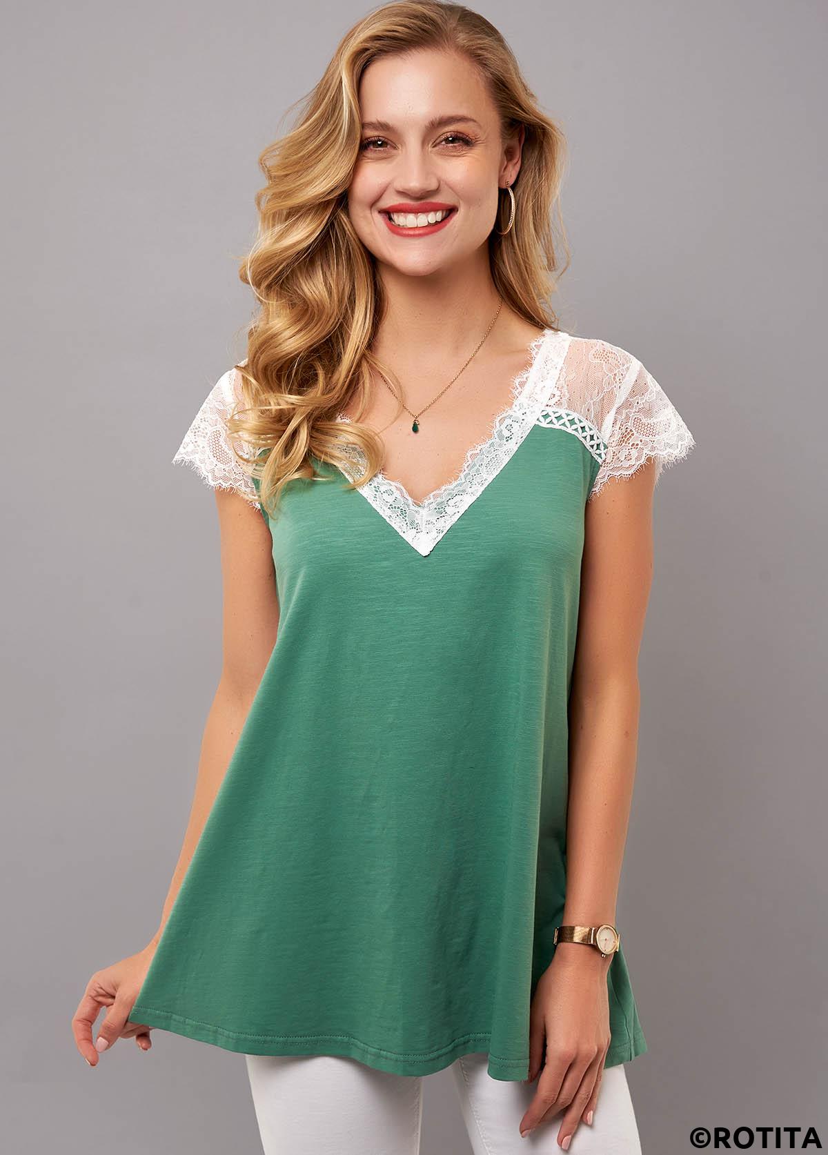 Multi Color tops,Contrast Color tops,ROTITA V Neck Lace Stitching Short Sleeve T Shirt