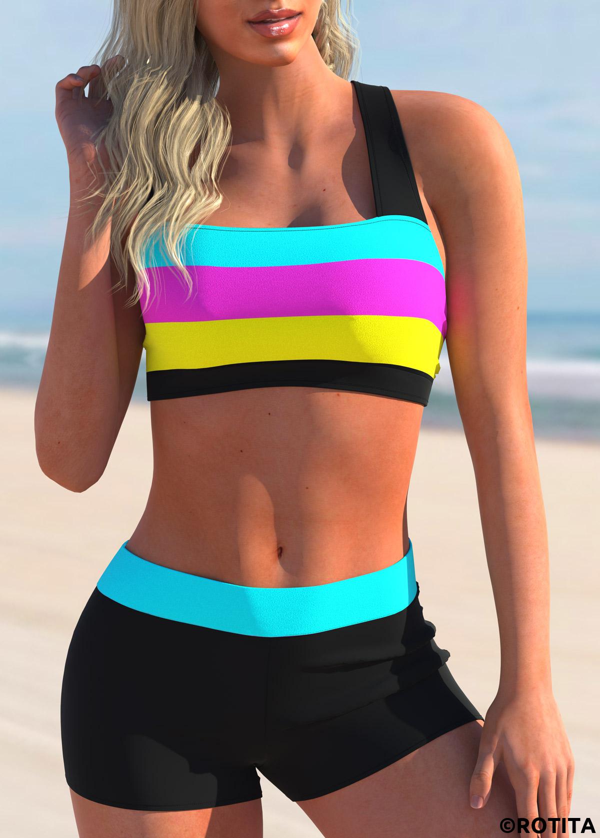Multi Color swimwear,Rainbow Color swimwear,Striped swimwear,ROTITA Criss Cross Multi Color Dazzle Colorful Print Bikini Set