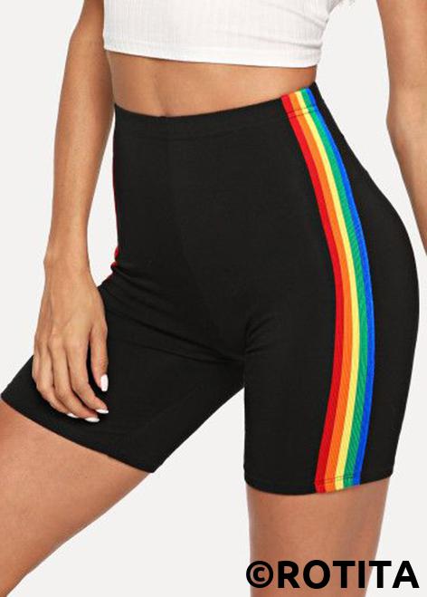 Black swimwear,Rainbow Color swimwear,Striped swimwear,ROTITA Striped Rainbow Color High Waisted Swim Shorts